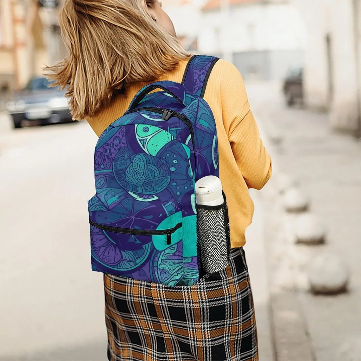 Small Backpacks Personalized Blue Teal Lemon Printing Travel Bag Lightweight Travel Backpack For Women Men