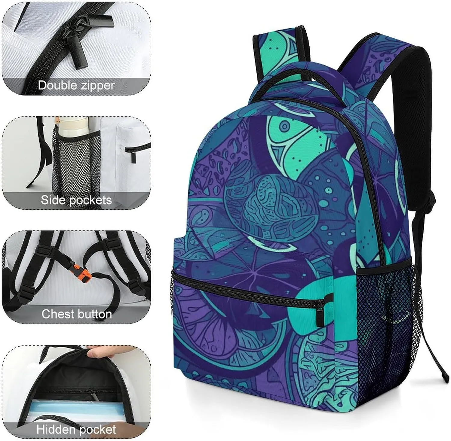 Small Backpacks Personalized Blue Teal Lemon Printing Travel Bag Lightweight Travel Backpack For Women Men