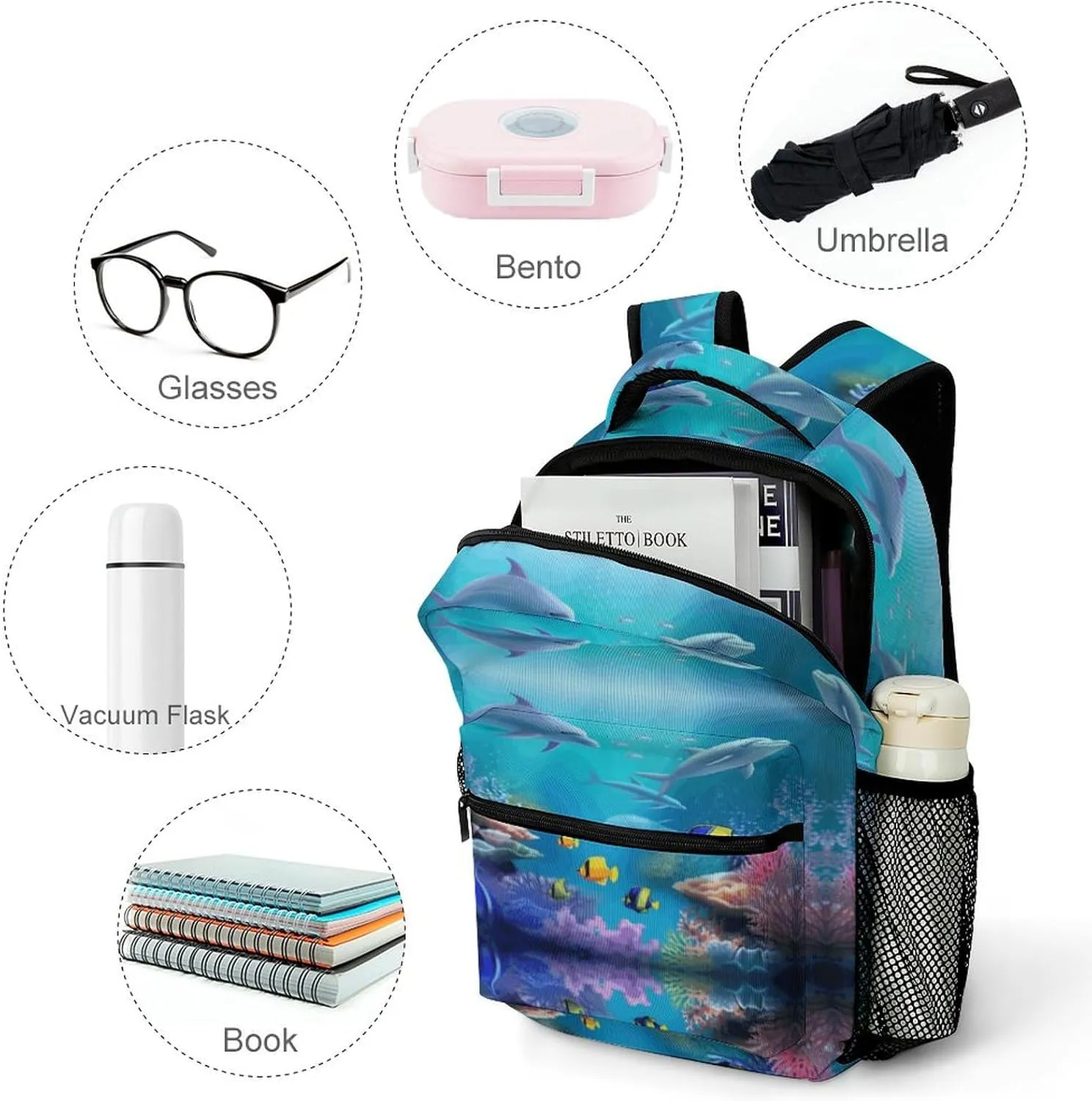 Small Backpacks Personalized Blue Underwater Fish Printing Travel Bag Lightweight Travel Backpack For Women Men