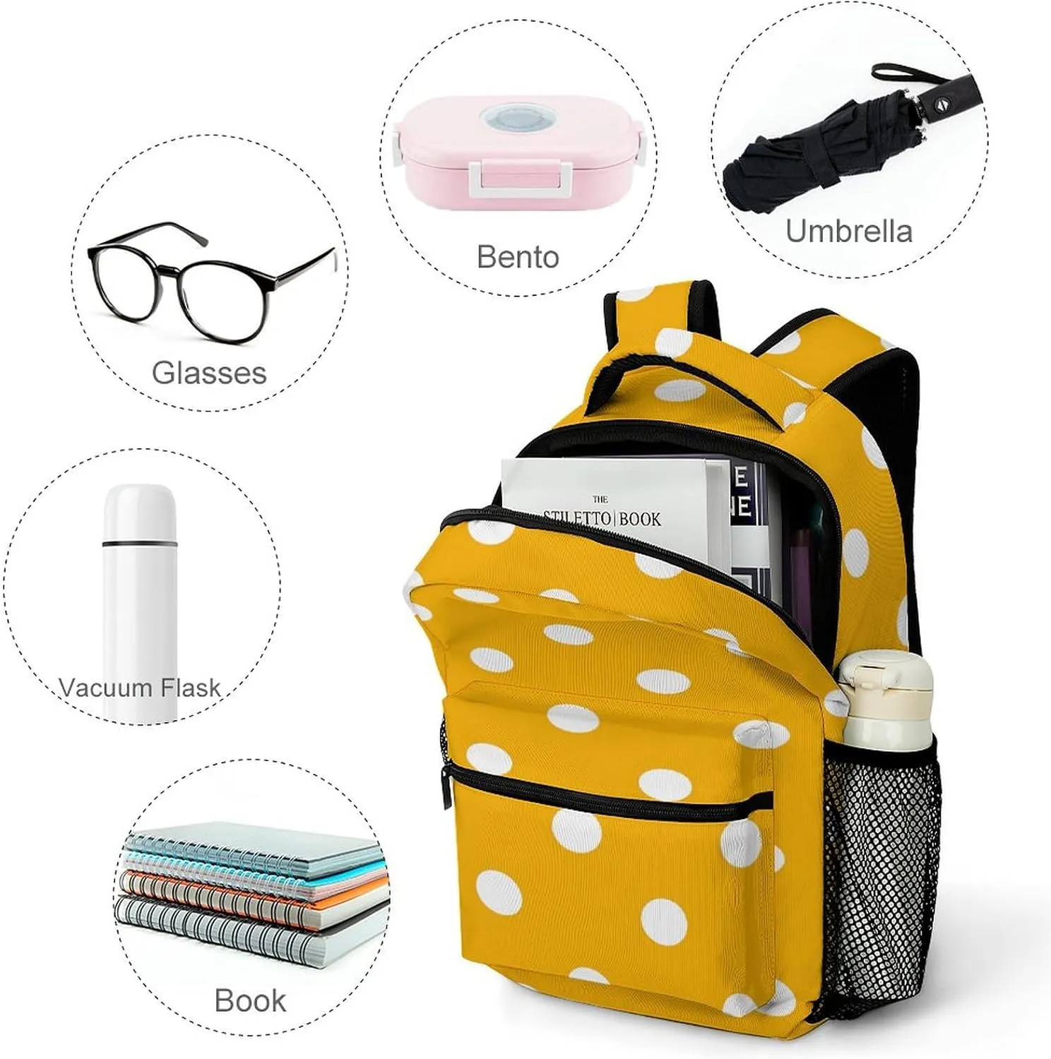 Small Backpacks Personalized Bright Yellow Dot Printing Travel Bag Lightweight Travel Backpack For Women Men