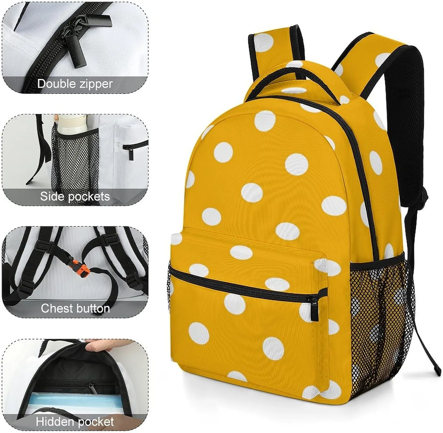 Small Backpacks Personalized Bright Yellow Dot Printing Travel Bag Lightweight Travel Backpack For Women Men