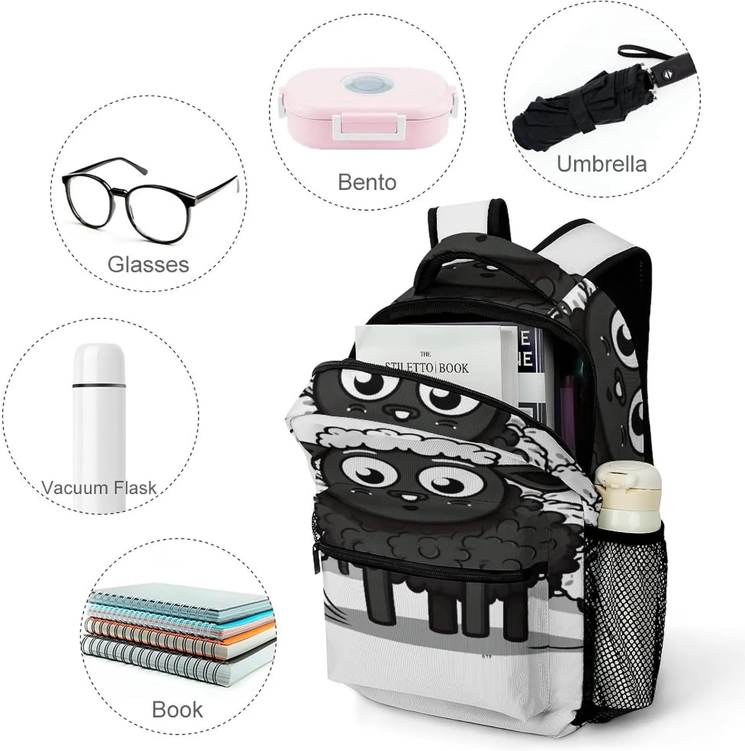 Small Backpacks Personalized Cartoon Black White Sheep Printing Travel Bag Lightweight Travel Backpack For Women Men
