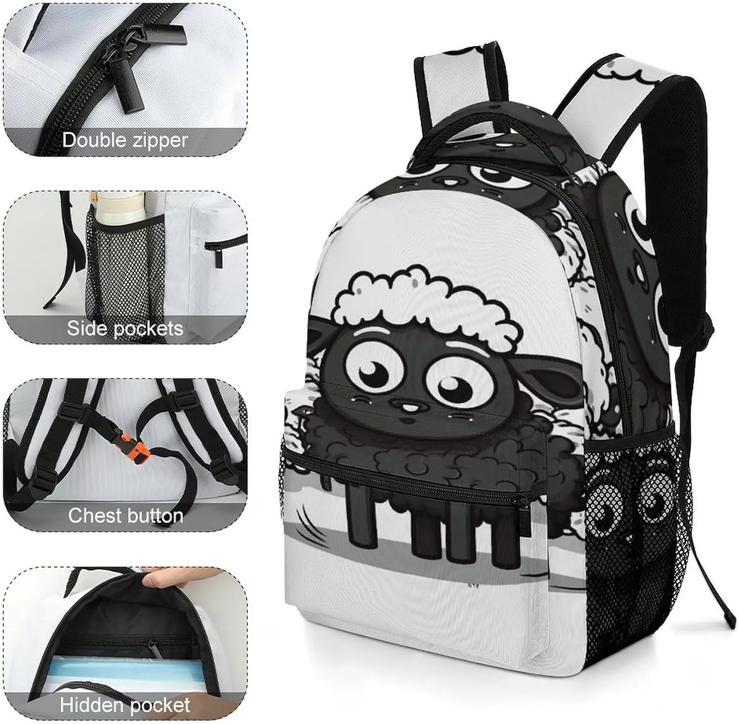 Small Backpacks Personalized Cartoon Black White Sheep Printing Travel Bag Lightweight Travel Backpack For Women Men