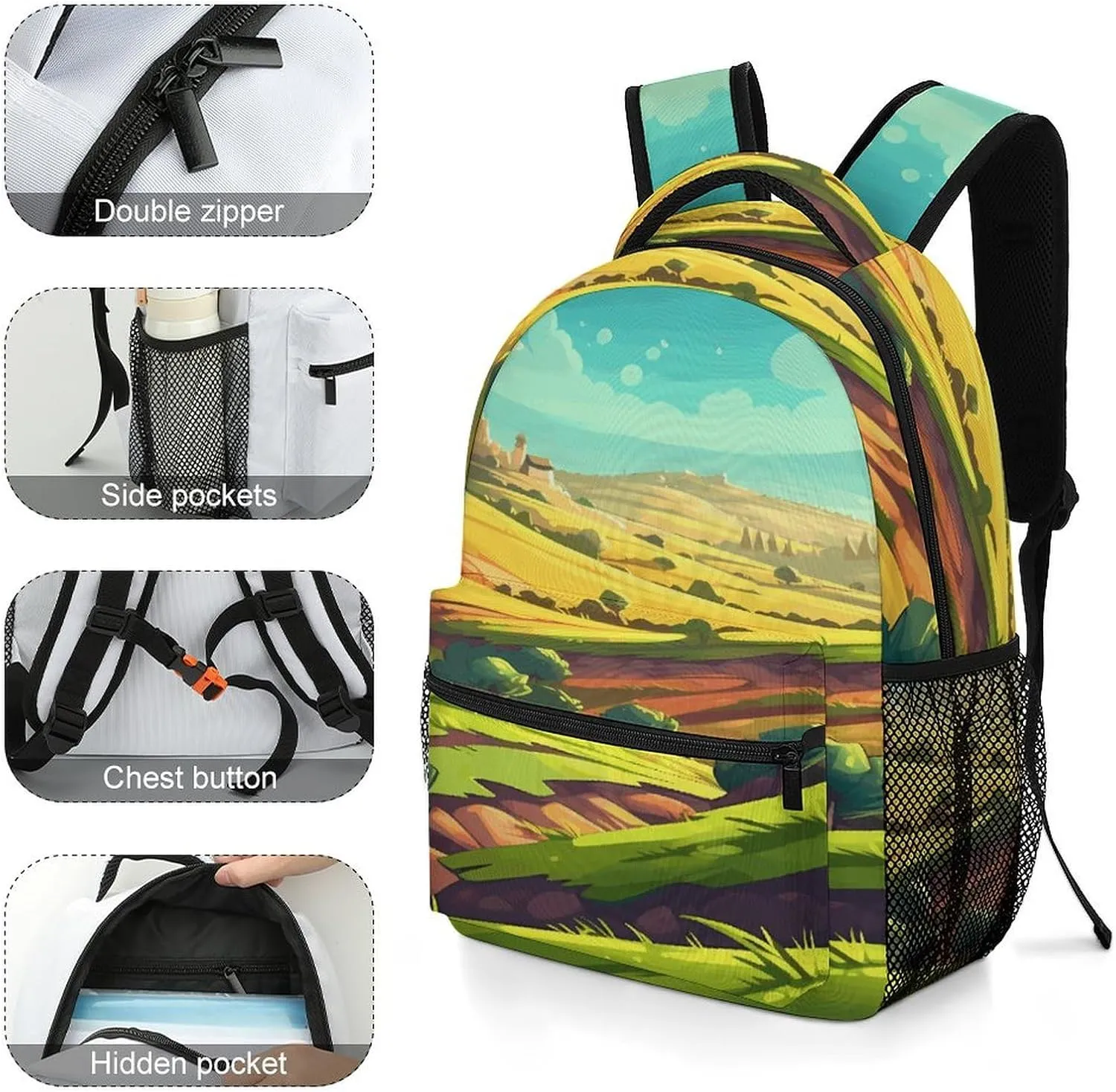 Small Backpacks Personalized Cartoon Fields Printing Travel Bag Lightweight Travel Backpack For Women Men