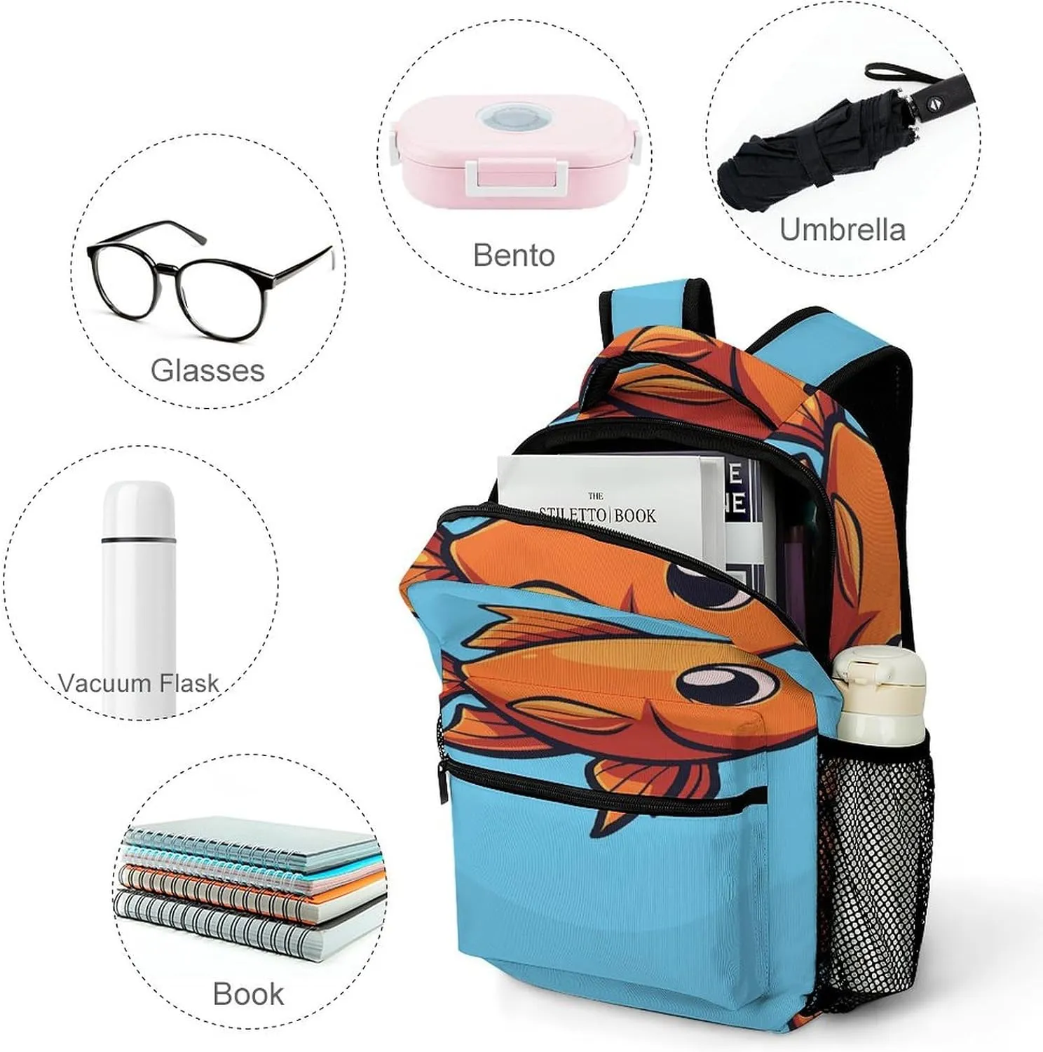 Small Backpacks Personalized Cartoon Fish Image Printing Travel Bag Lightweight Travel Backpack For Women Men