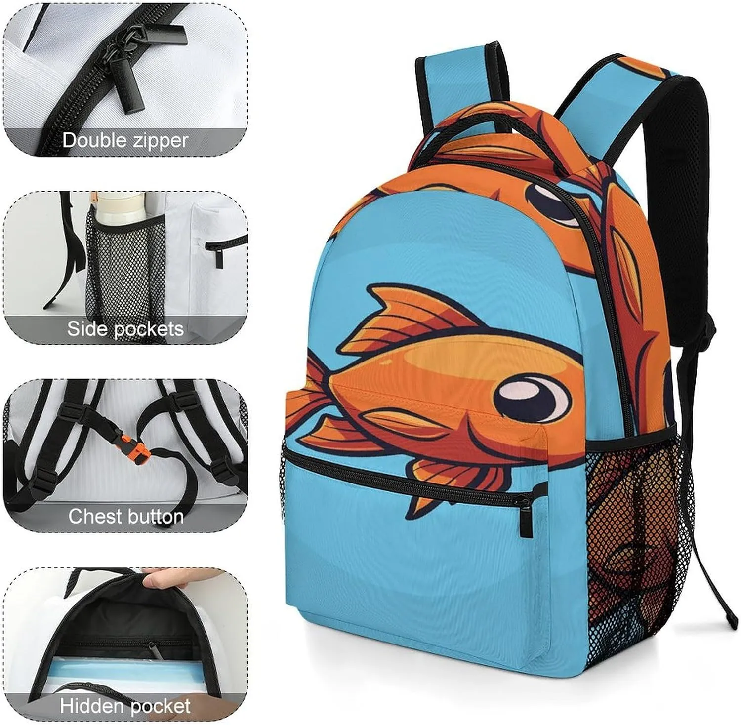 Small Backpacks Personalized Cartoon Fish Image Printing Travel Bag Lightweight Travel Backpack For Women Men