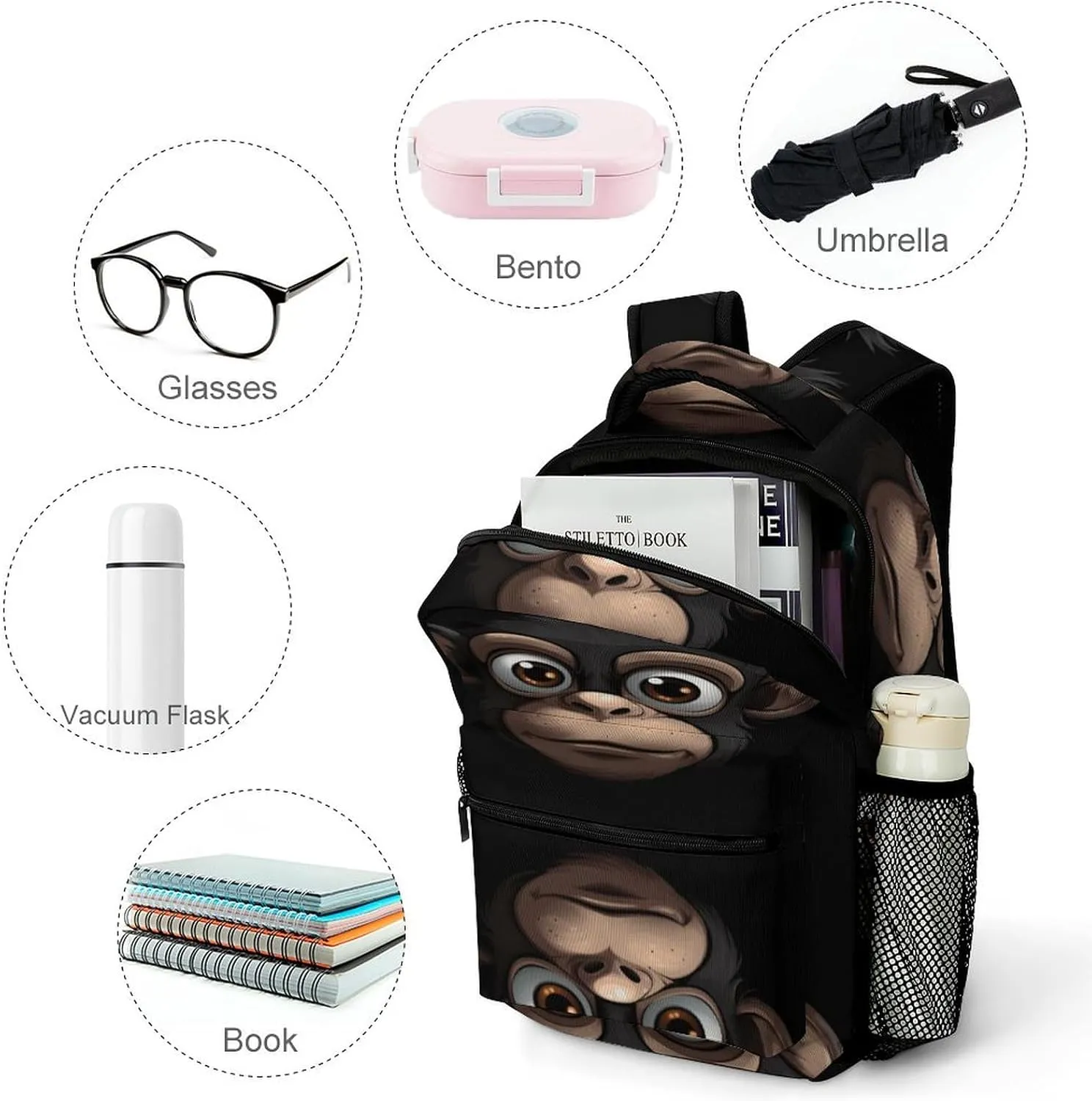 Small Backpacks Personalized Cartoon Monkey Printing Travel Bag Lightweight Travel Backpack For Women Men