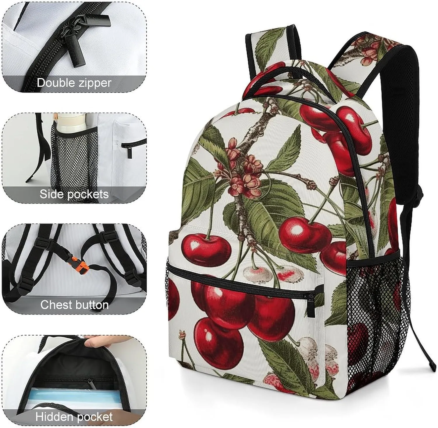 Small Backpacks Personalized Cherry And Leaves Pattern Printing Travel Bag Lightweight Travel Backpack For Women Men