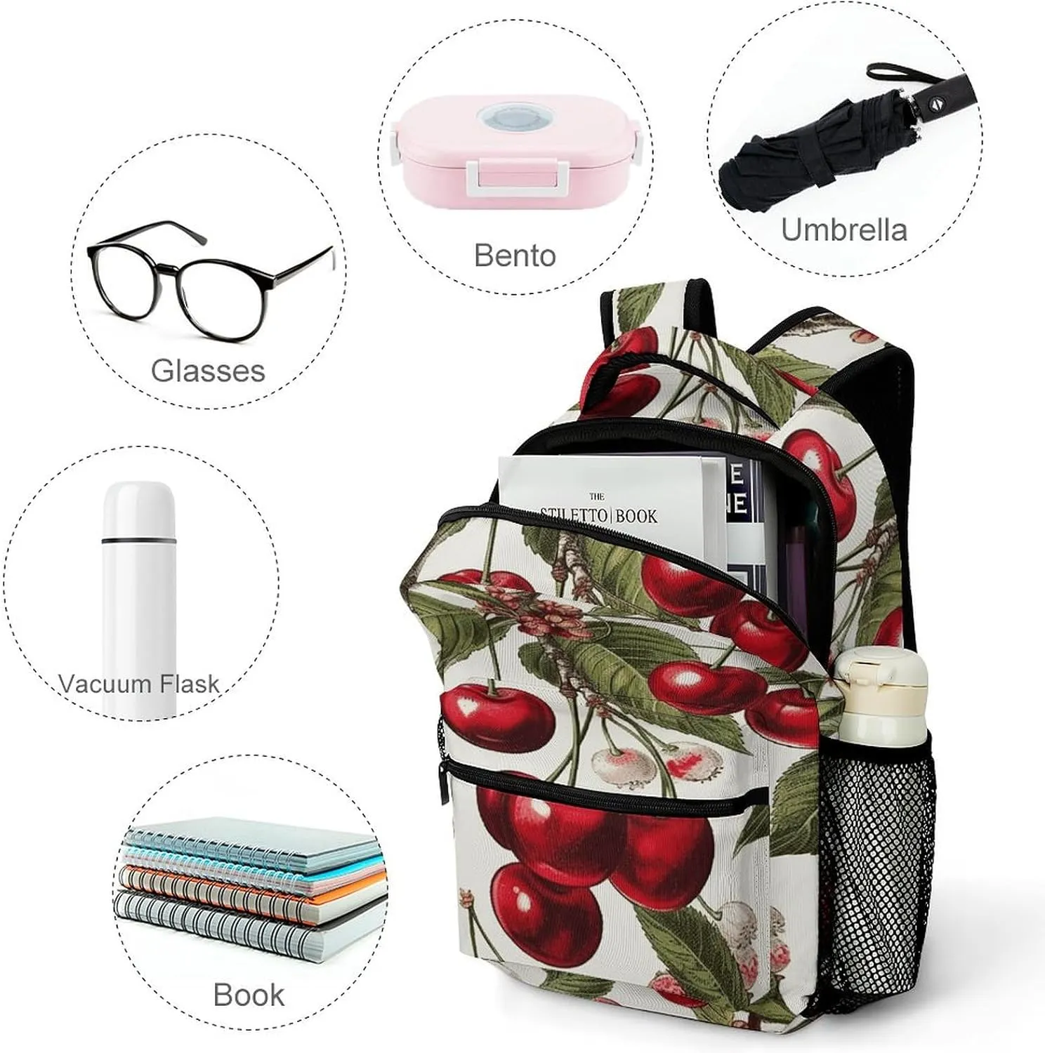 Small Backpacks Personalized Cherry And Leaves Pattern Printing Travel Bag Lightweight Travel Backpack For Women Men