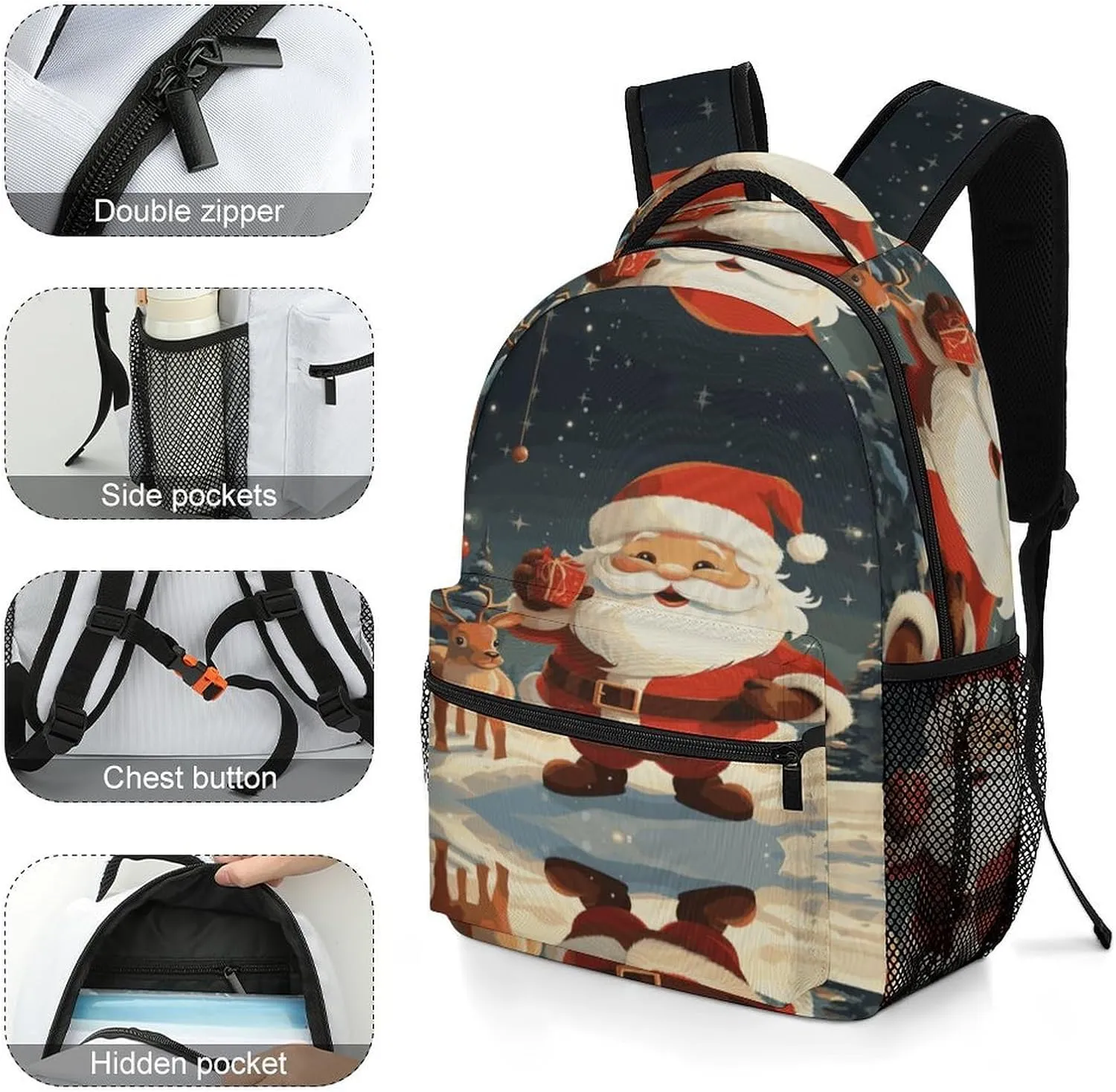 Small Backpacks Personalized Christmas Santa Claus Printing Travel Bag Lightweight Travel Backpack For Women Men