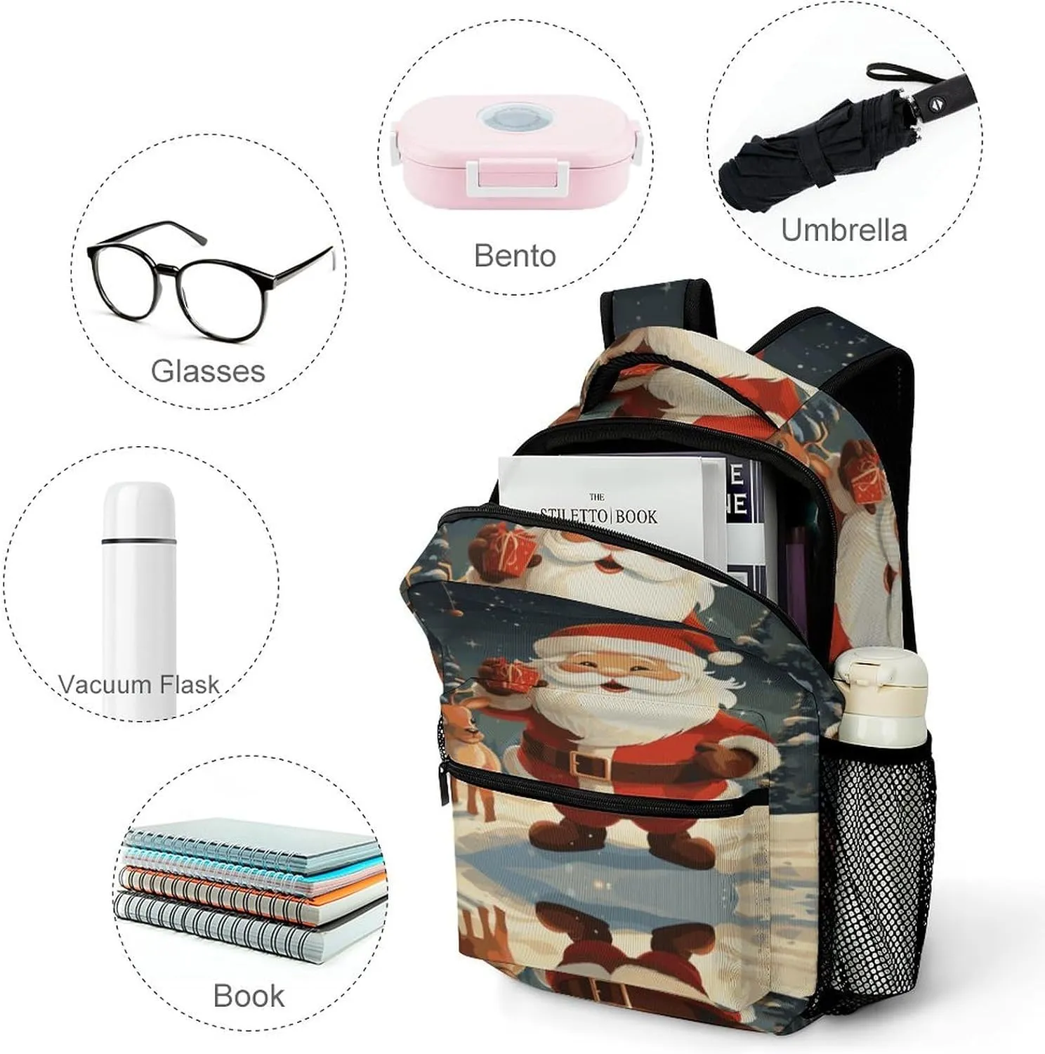 Small Backpacks Personalized Christmas Santa Claus Printing Travel Bag Lightweight Travel Backpack For Women Men