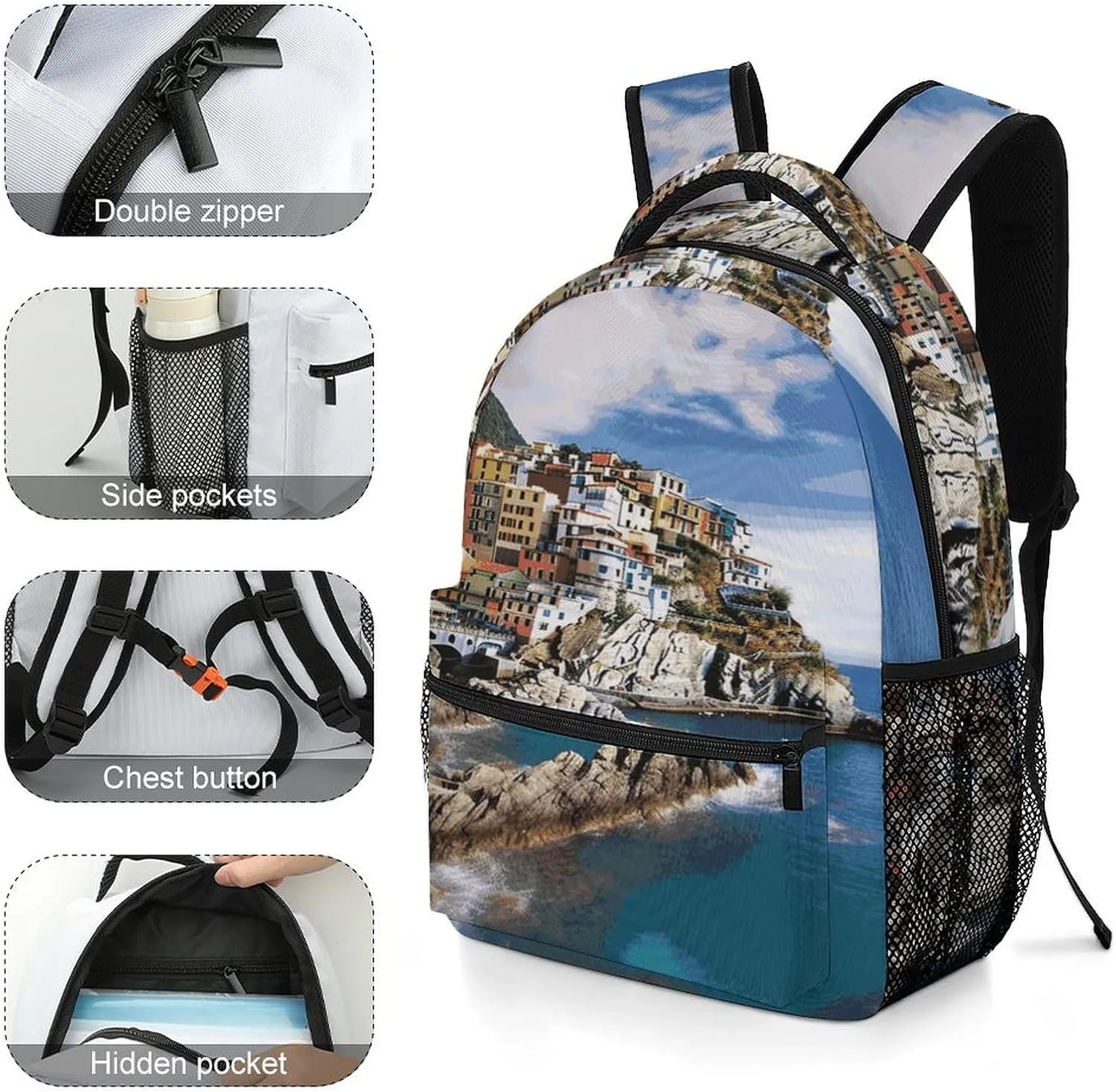 Small Backpacks Personalized Cinque Terre Scenery Printing Travel Bag Lightweight Travel Backpack For Women Men