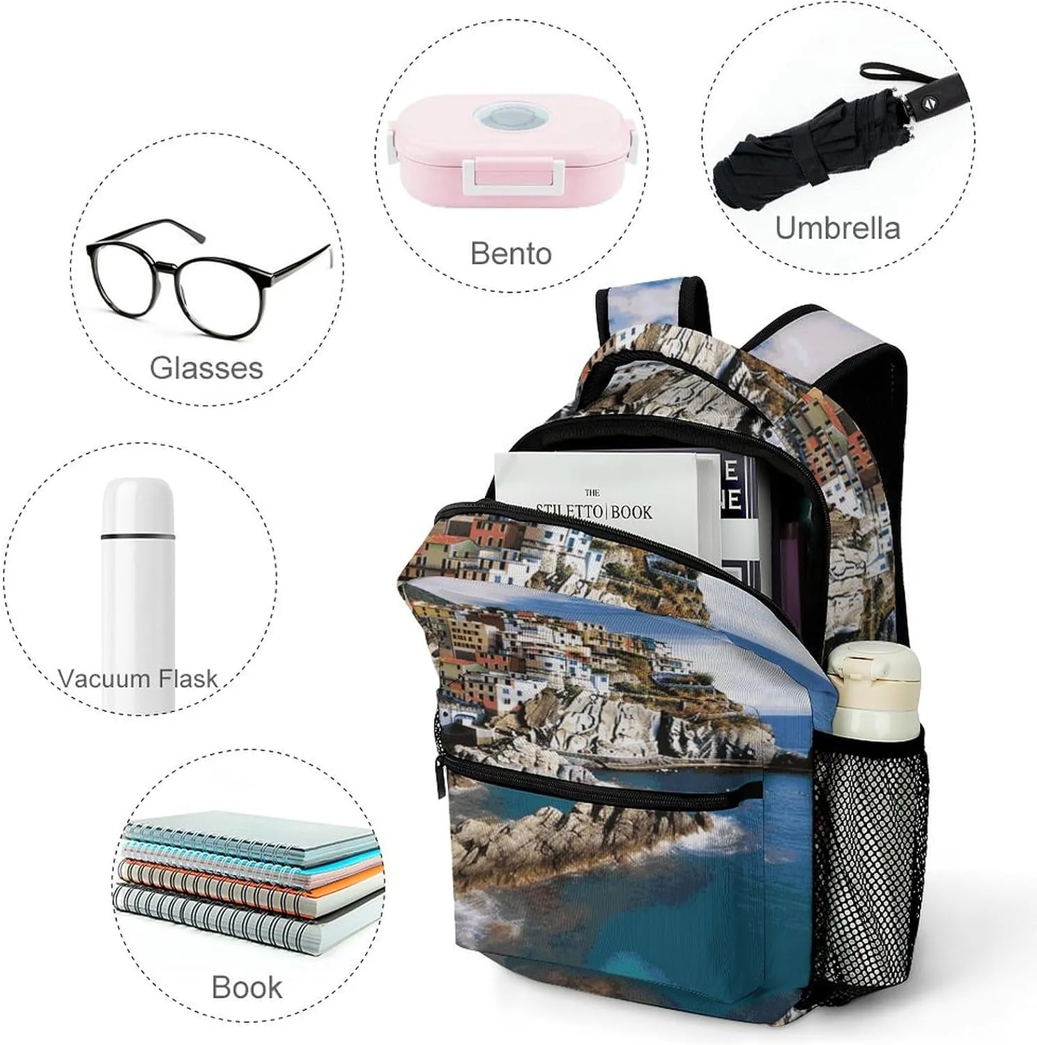 Small Backpacks Personalized Cinque Terre Scenery Printing Travel Bag Lightweight Travel Backpack For Women Men