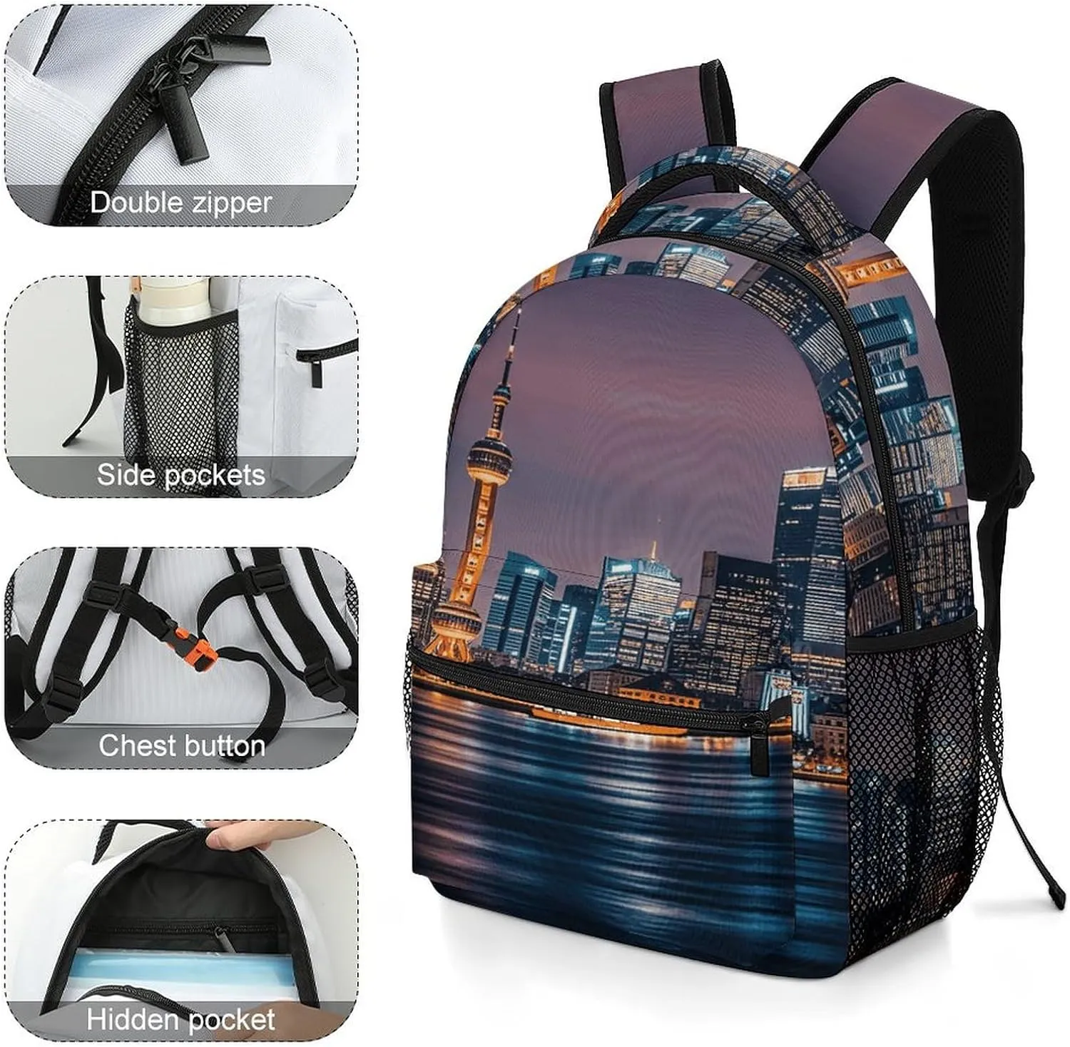 Small Backpacks Personalized City Picture Night Printing Travel Bag Lightweight Travel Backpack For Women Men
