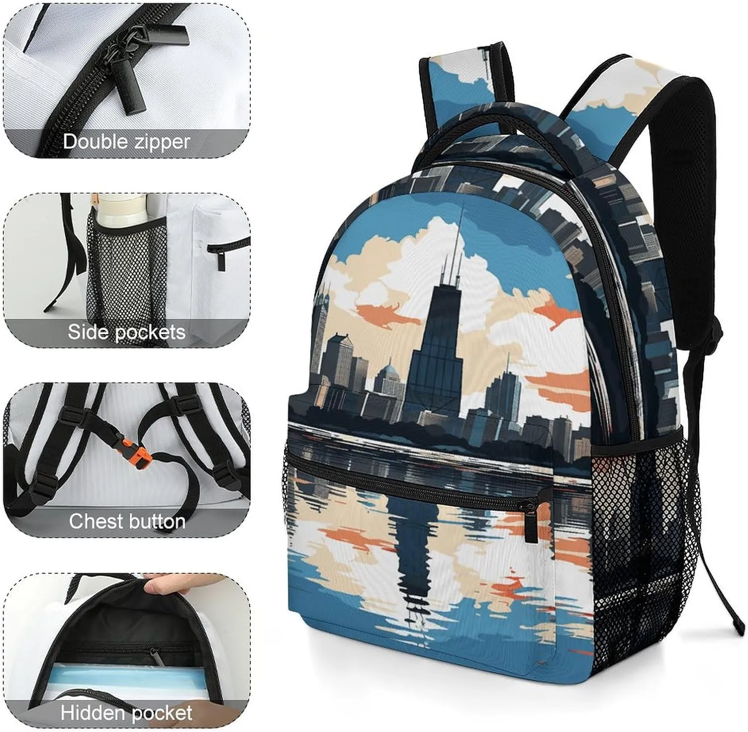 Small Backpacks Personalized Cityscape Printing Travel Bag Lightweight Travel Backpack For Women Men