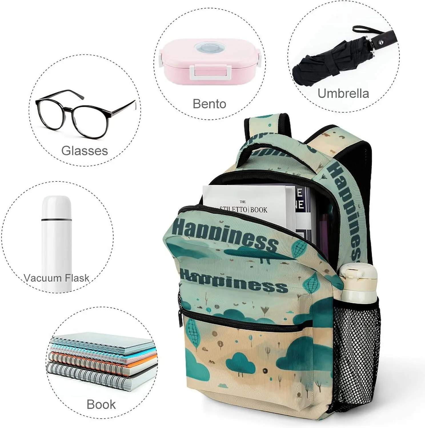 Small Backpacks Personalized Cloud Happiness Printing Travel Bag Lightweight Travel Backpack For Women Men