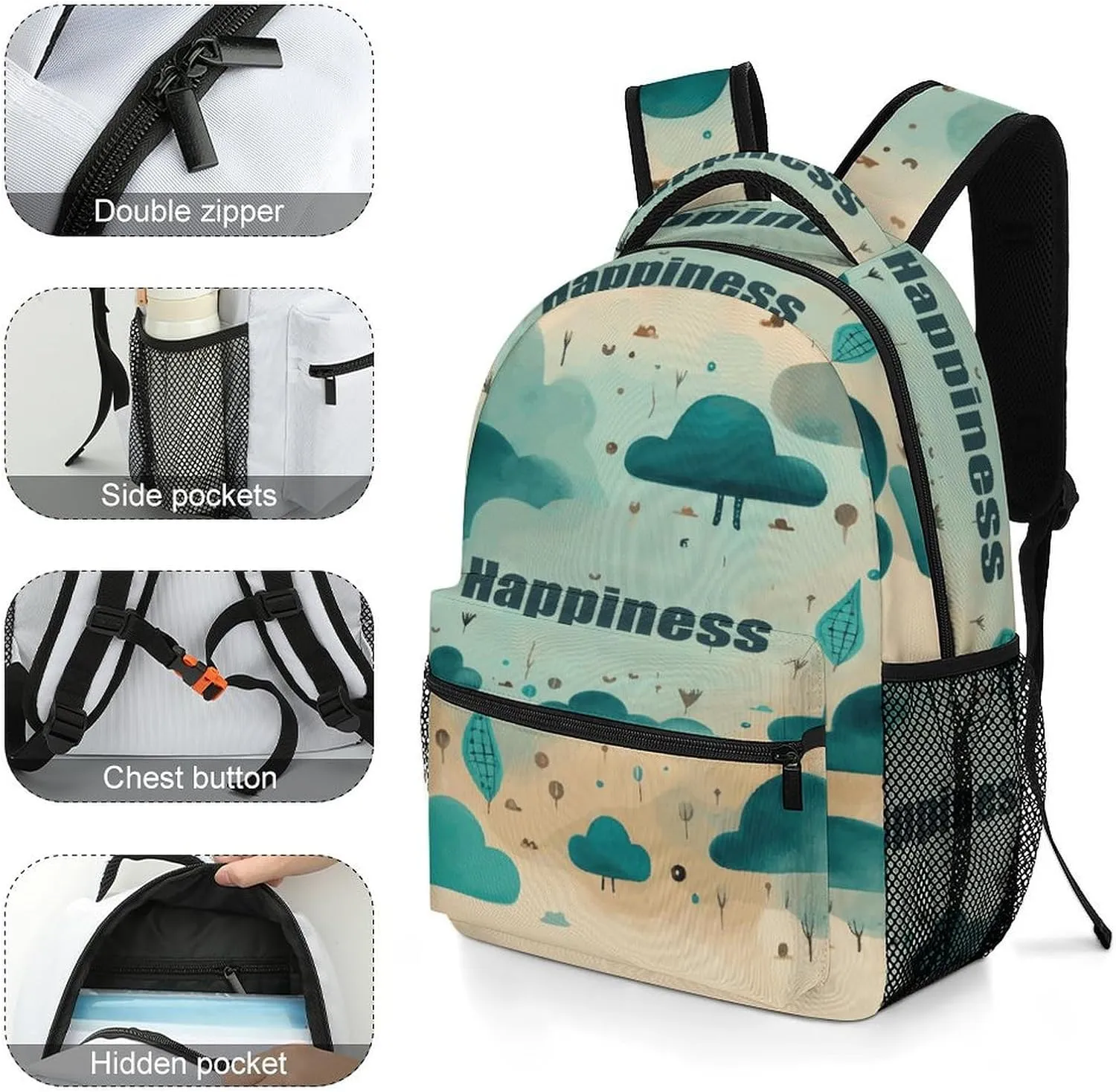 Small Backpacks Personalized Cloud Happiness Printing Travel Bag Lightweight Travel Backpack For Women Men