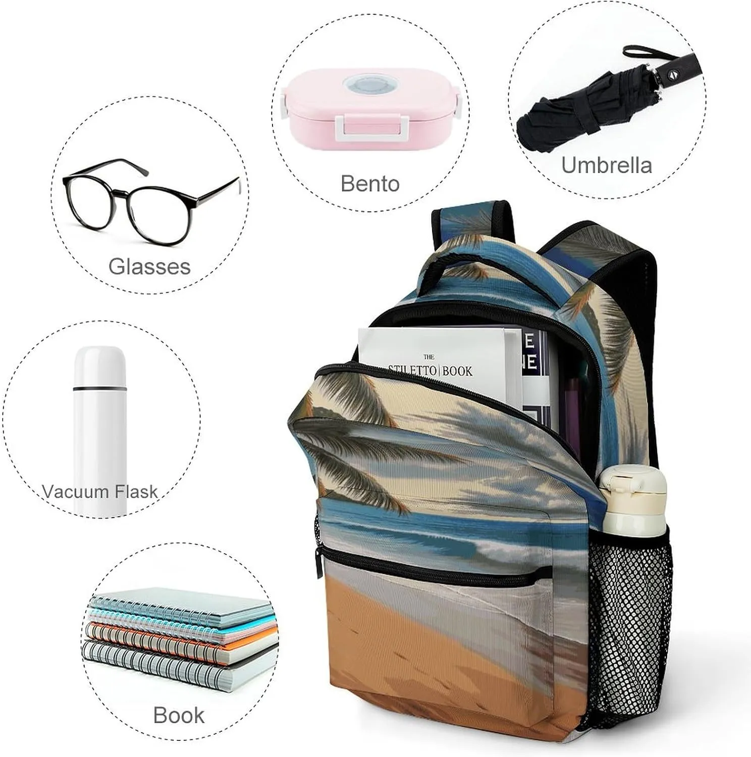 Small Backpacks Personalized Coconut Tree Sandy Beach Printing Travel Bag Lightweight Travel Backpack For Women Men