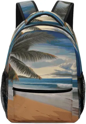 Small Backpacks Personalized Coconut Tree Sandy Beach Printing Travel Bag Lightweight Travel Backpack For Women Men