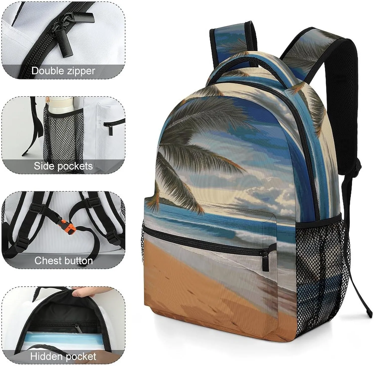 Small Backpacks Personalized Coconut Tree Sandy Beach Printing Travel Bag Lightweight Travel Backpack For Women Men