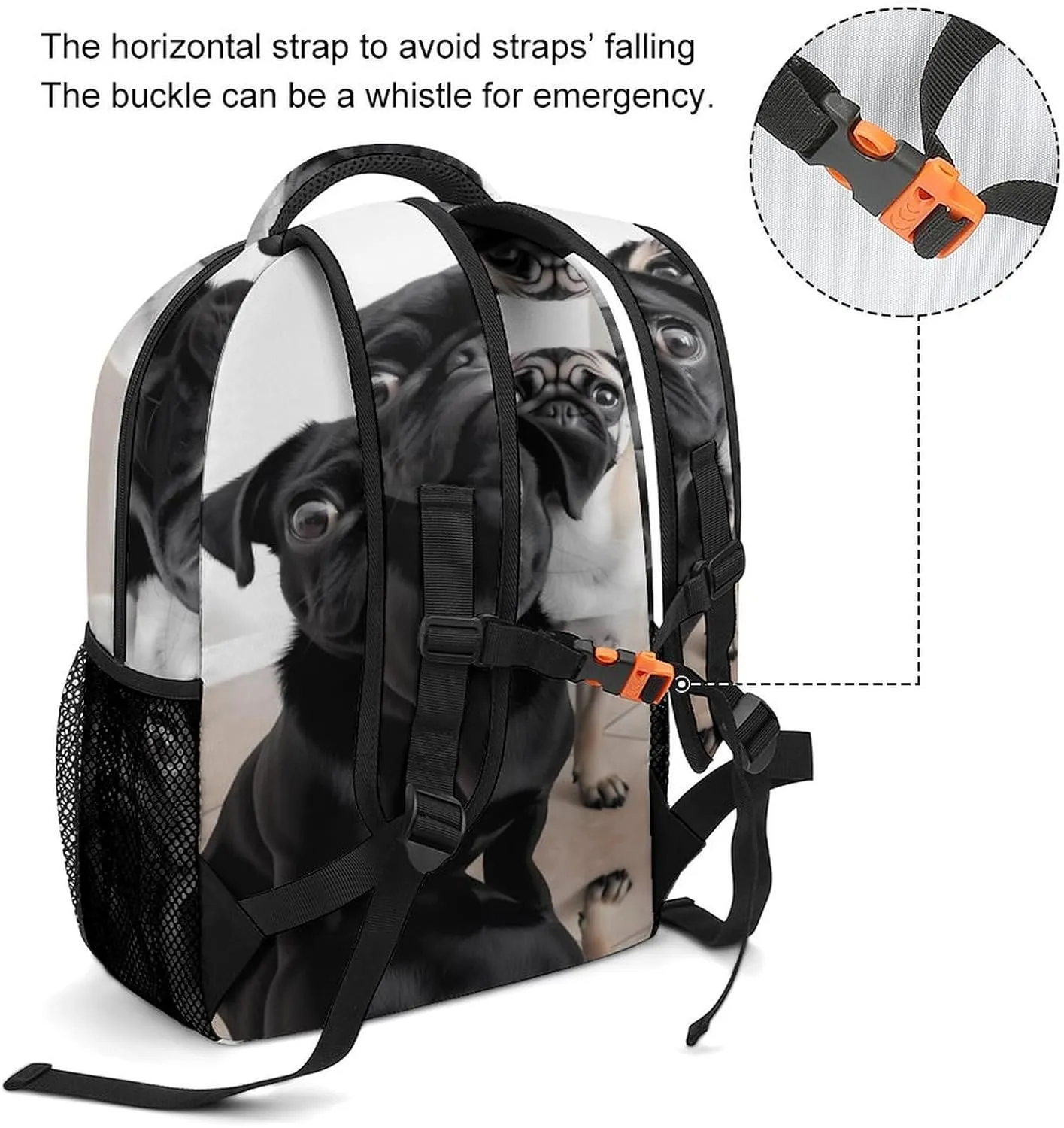 Small Backpacks Personalized Cute Black Pug Dog Printing Travel Bag Lightweight Travel Backpack For Women Men