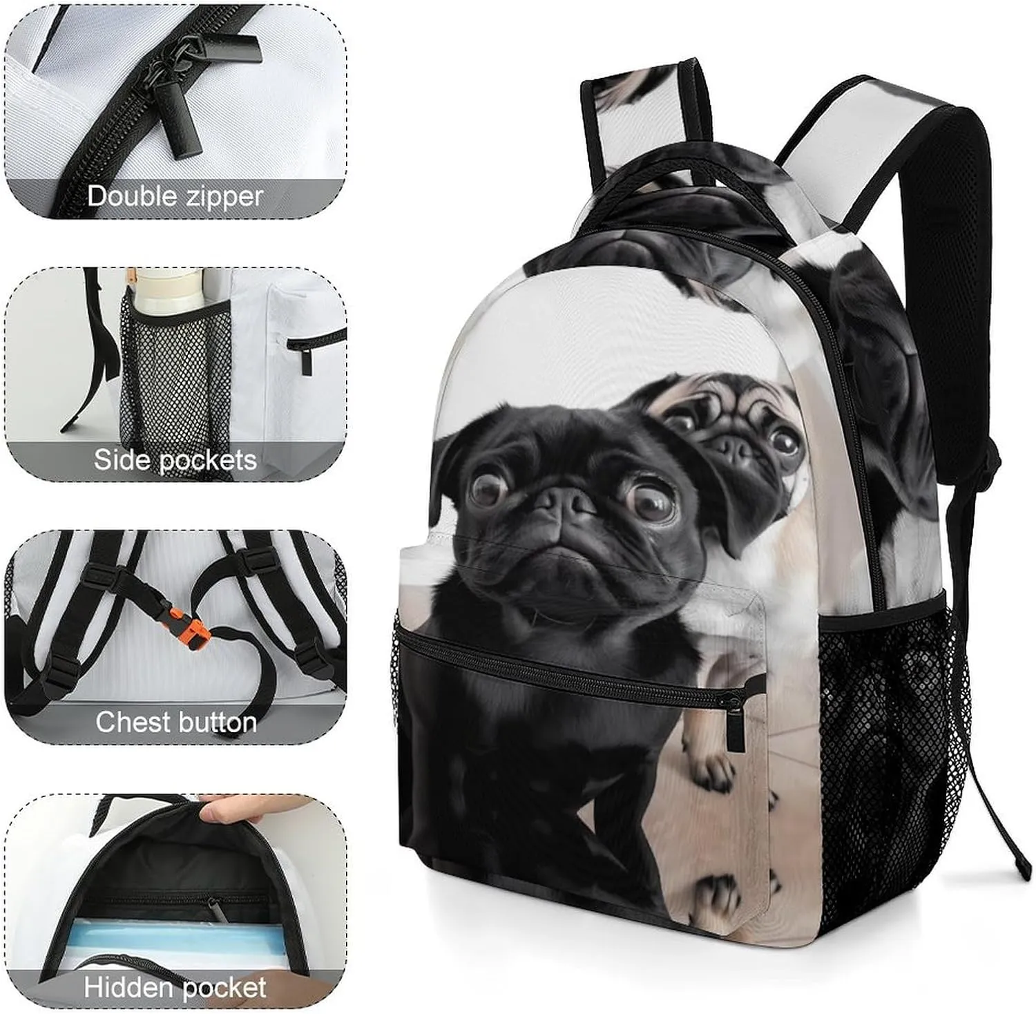 Small Backpacks Personalized Cute Black Pug Dog Printing Travel Bag Lightweight Travel Backpack For Women Men