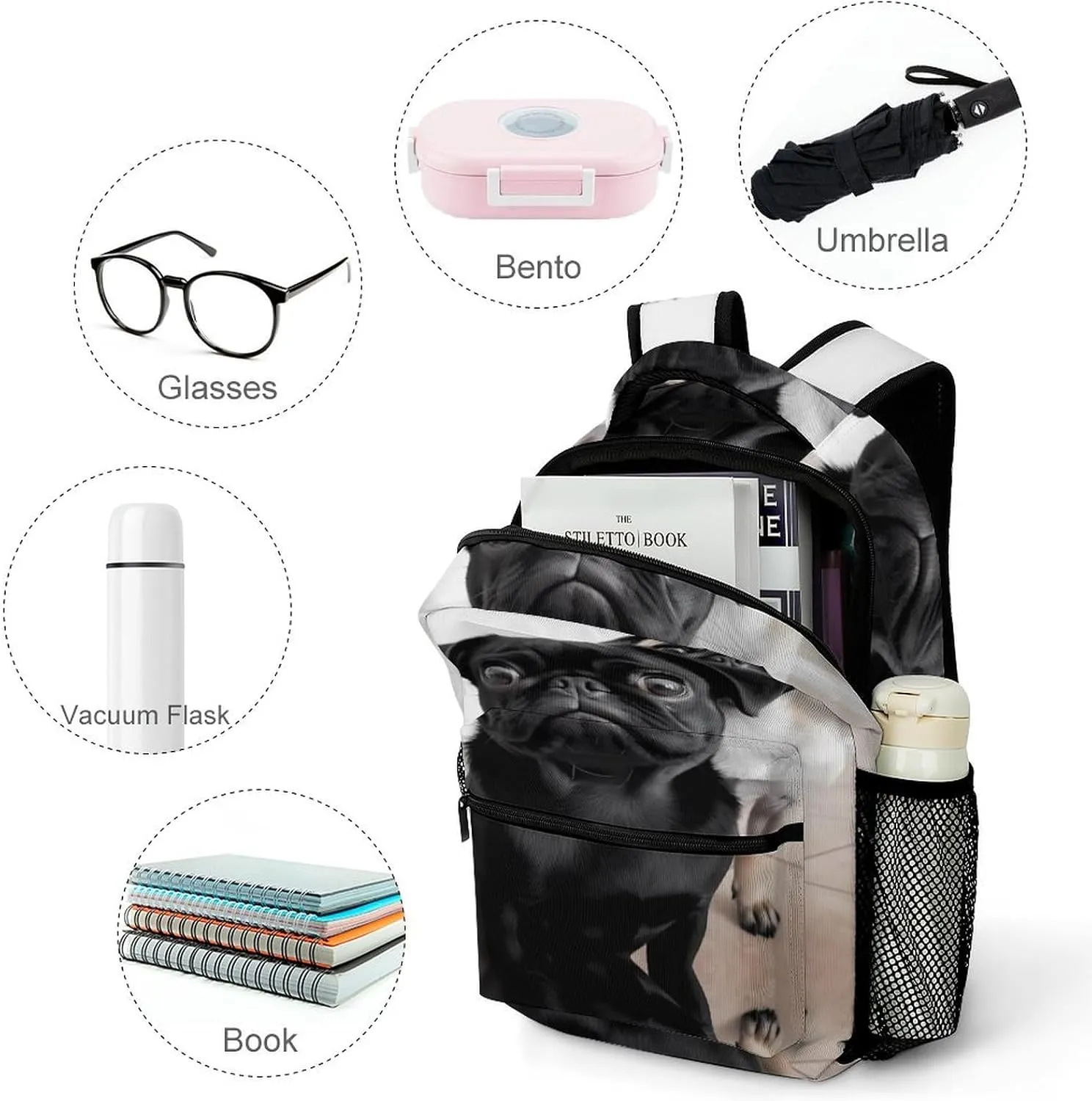 Small Backpacks Personalized Cute Black Pug Dog Printing Travel Bag Lightweight Travel Backpack For Women Men