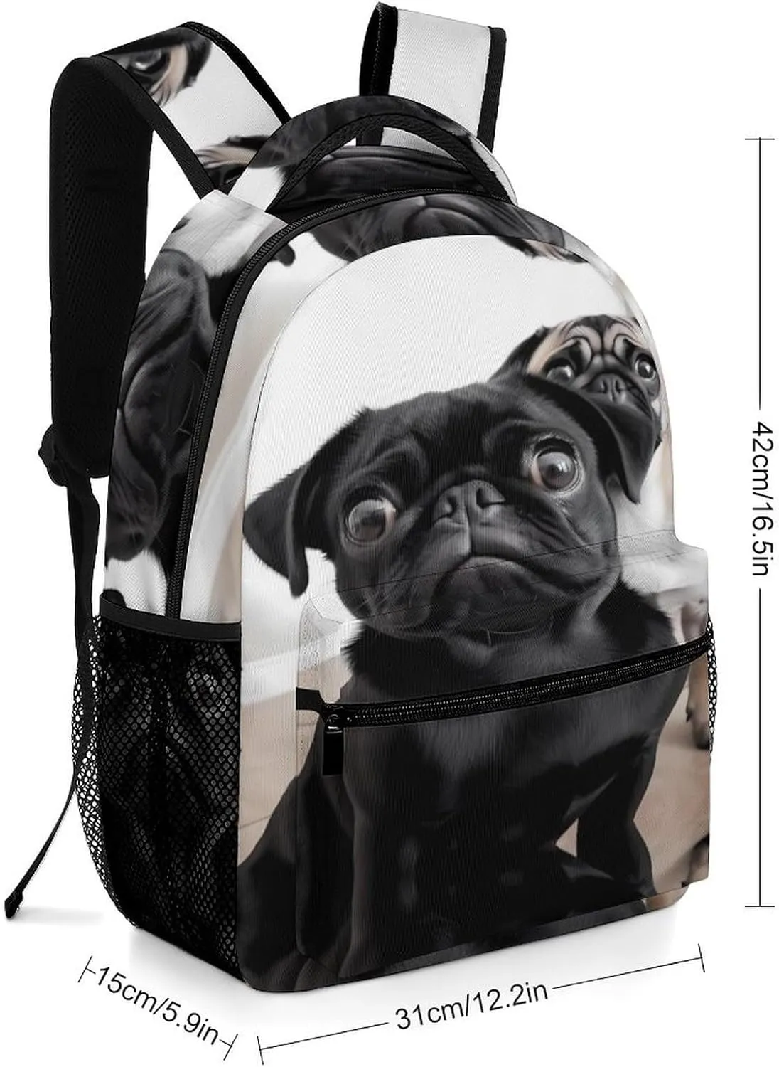 Small Backpacks Personalized Cute Black Pug Dog Printing Travel Bag Lightweight Travel Backpack For Women Men