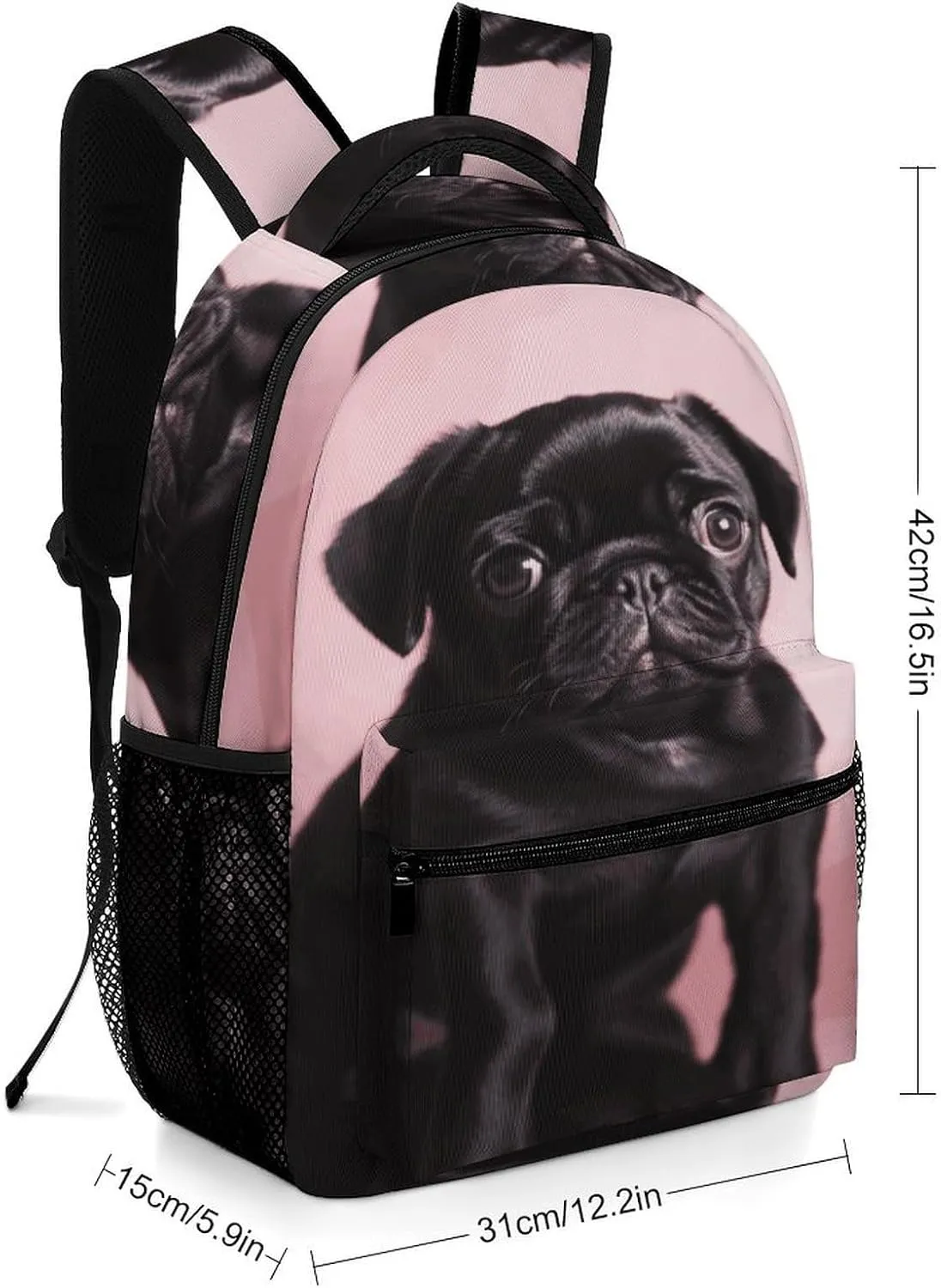 Small Backpacks Personalized Cute Black Pug Printing Travel Bag Lightweight Travel Backpack For Women Men