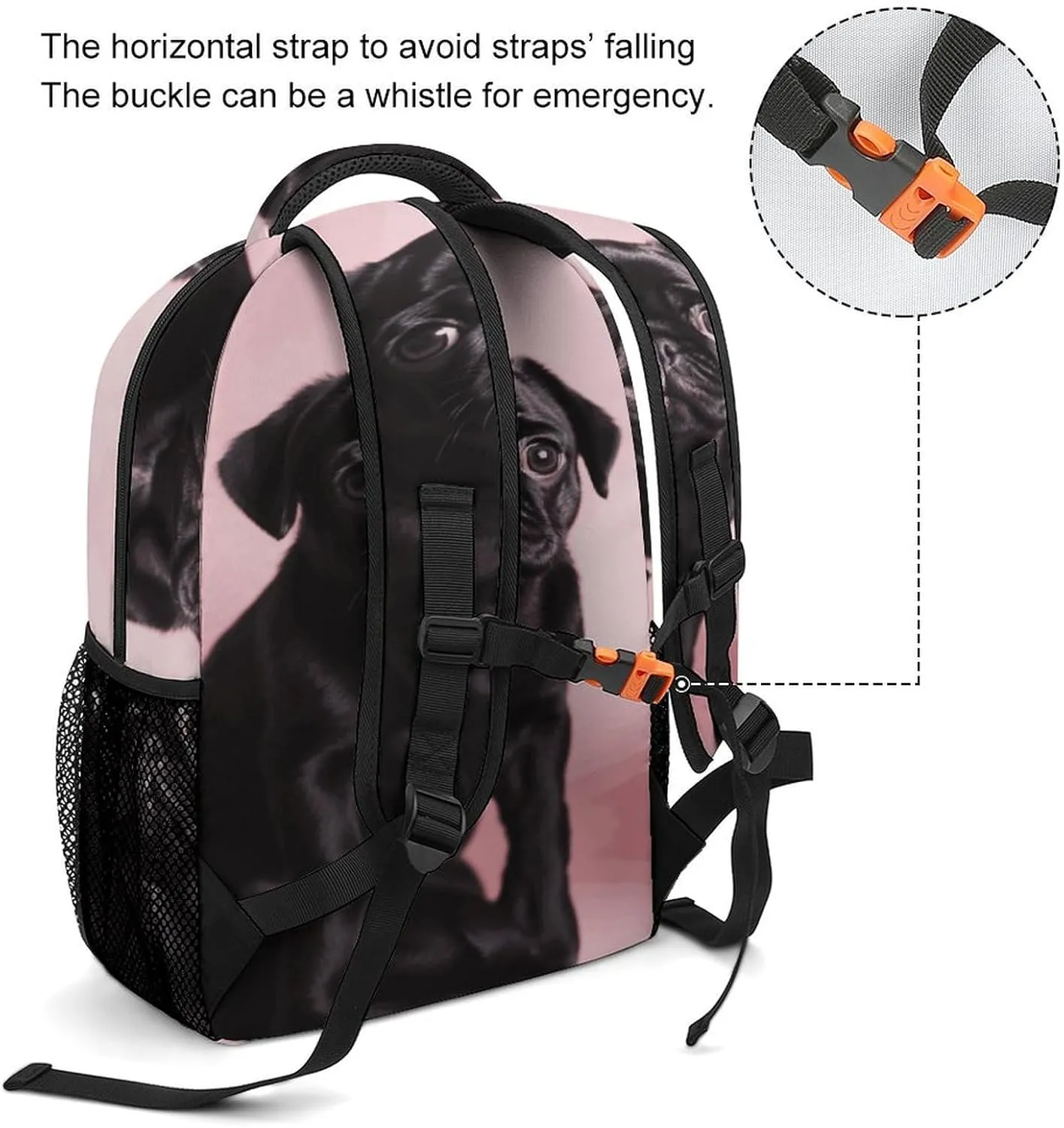 Small Backpacks Personalized Cute Black Pug Printing Travel Bag Lightweight Travel Backpack For Women Men