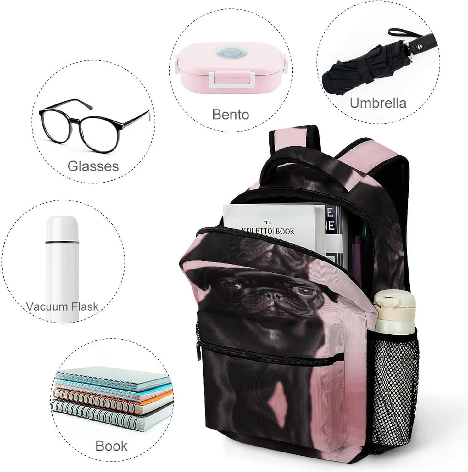 Small Backpacks Personalized Cute Black Pug Printing Travel Bag Lightweight Travel Backpack For Women Men