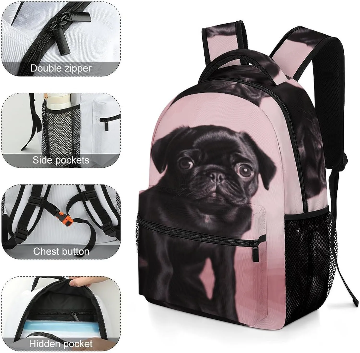 Small Backpacks Personalized Cute Black Pug Printing Travel Bag Lightweight Travel Backpack For Women Men