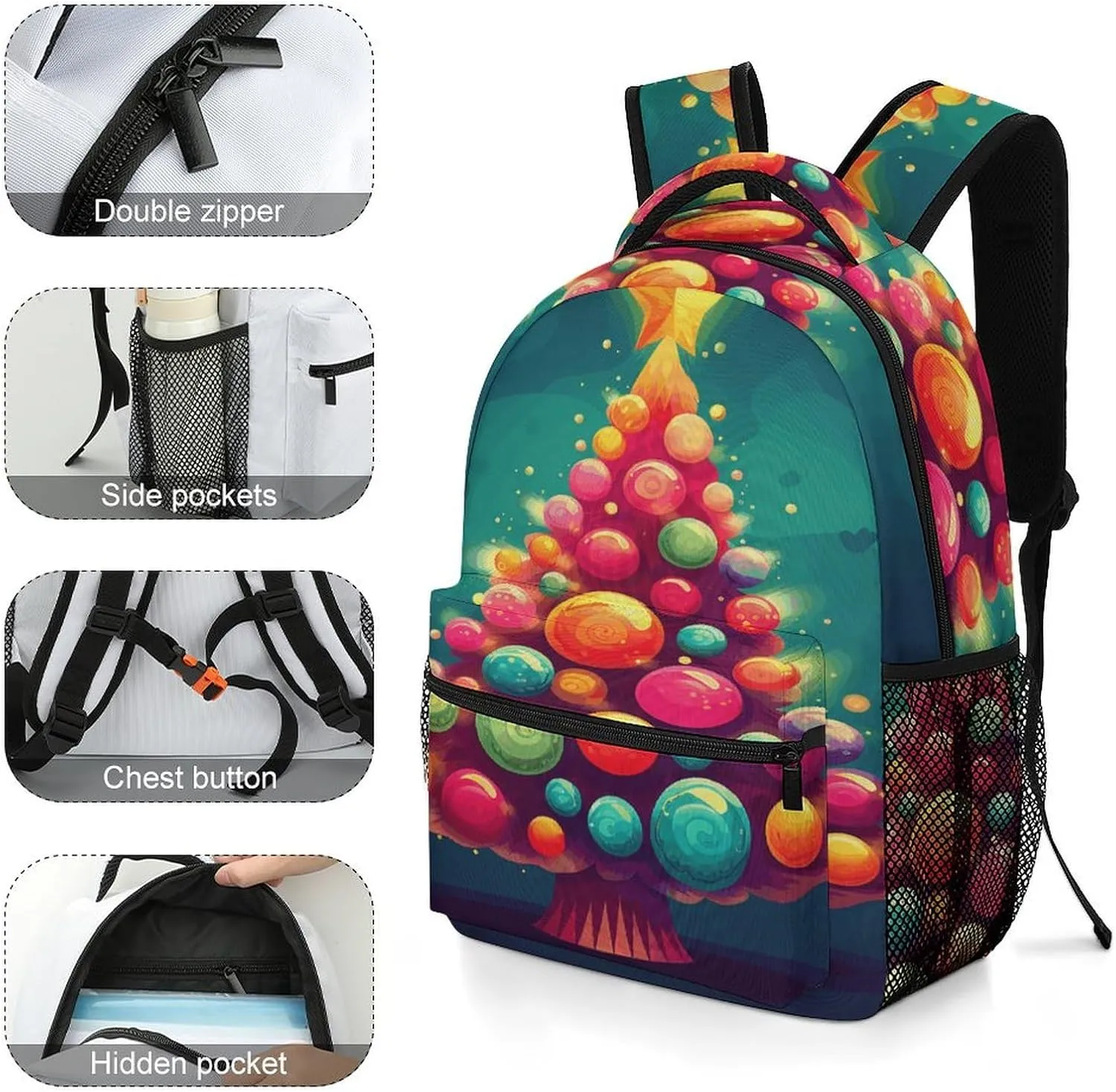 Small Backpacks Personalized Cute Colorful Christmas Tree Printing Travel Bag Lightweight Travel Backpack For Women Men