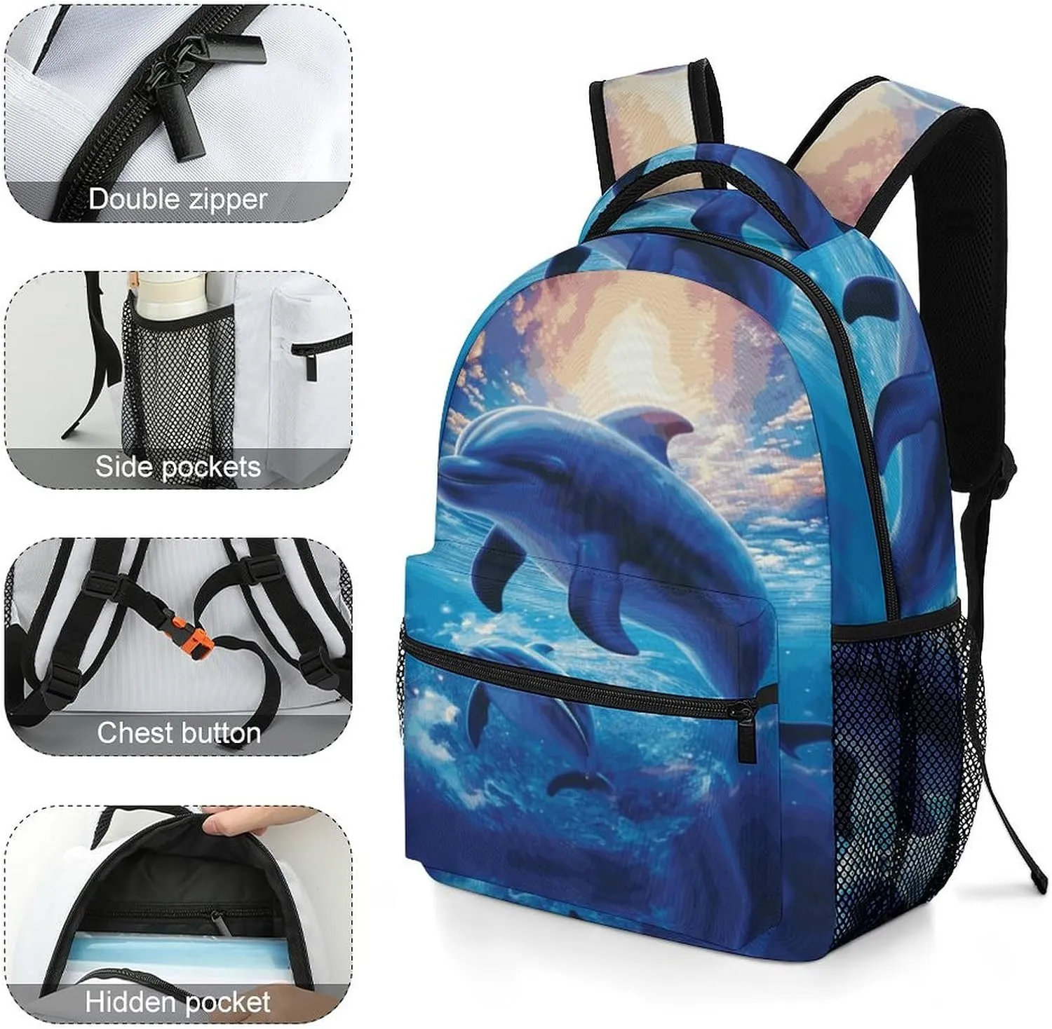 Small Backpacks Personalized Cute Dolphins Printing Travel Bag Lightweight Travel Backpack For Women Men