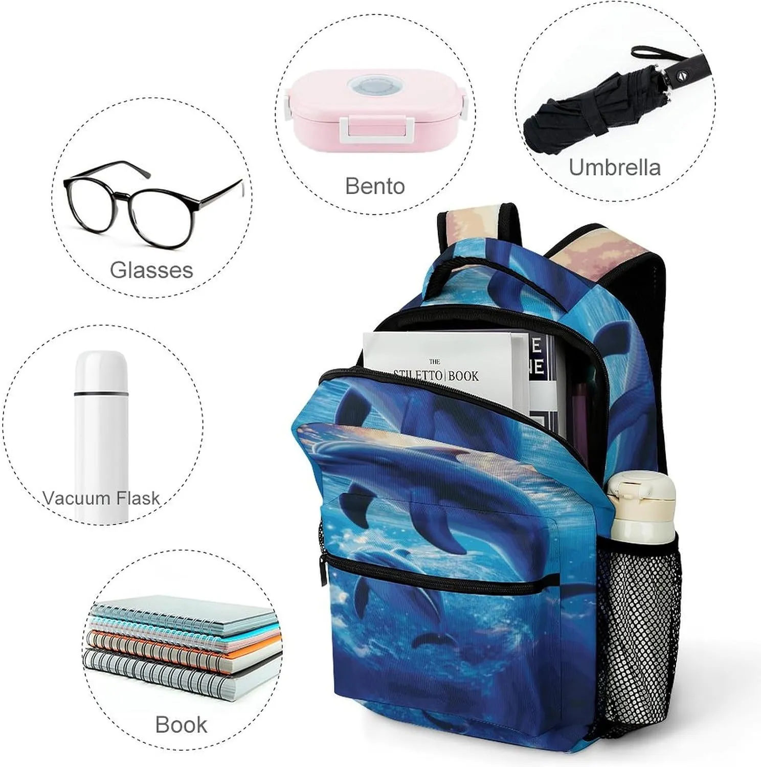 Small Backpacks Personalized Cute Dolphins Printing Travel Bag Lightweight Travel Backpack For Women Men