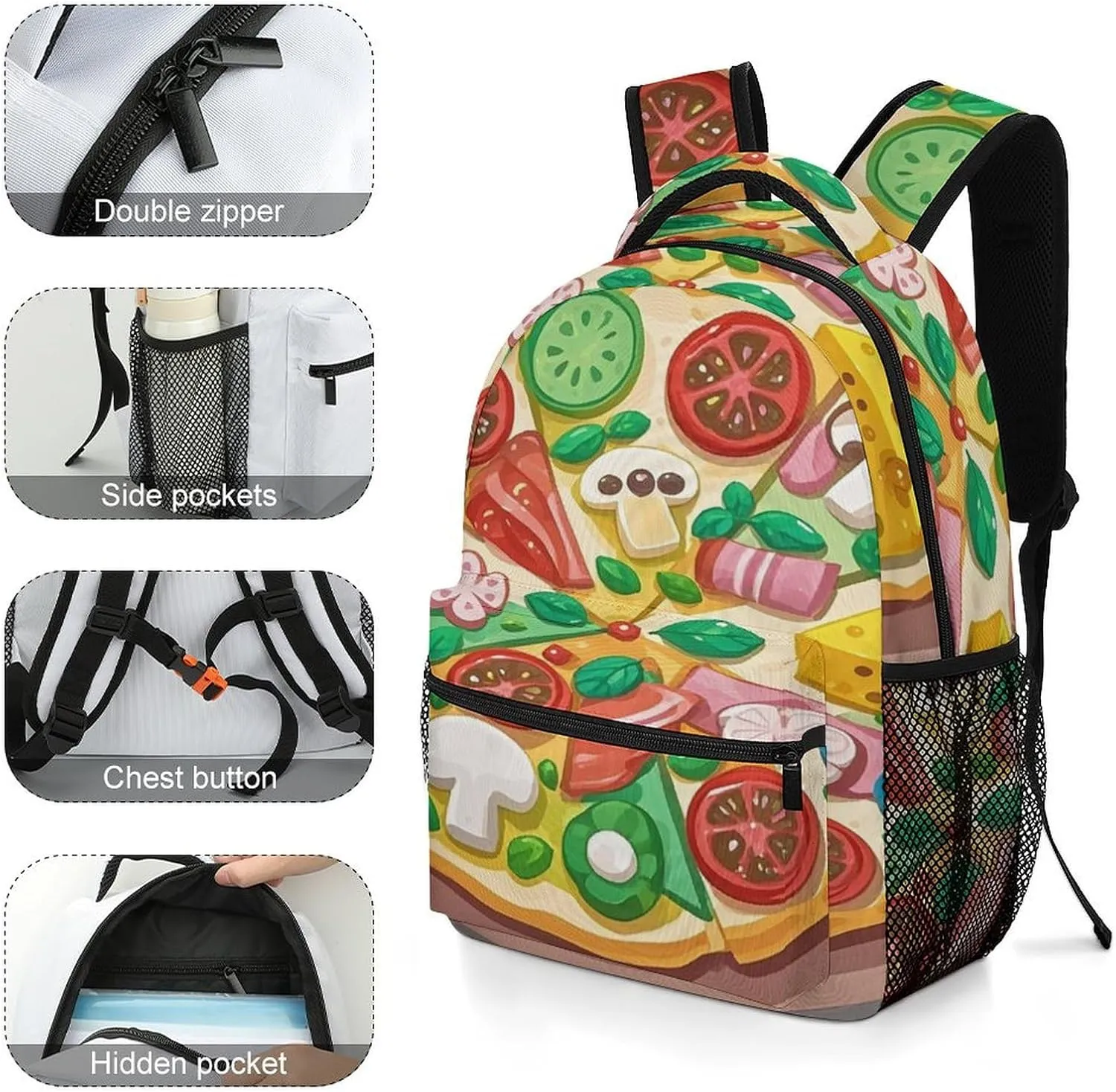 Small Backpacks Personalized Cute Pizza Printing Travel Bag Lightweight Travel Backpack For Women Men