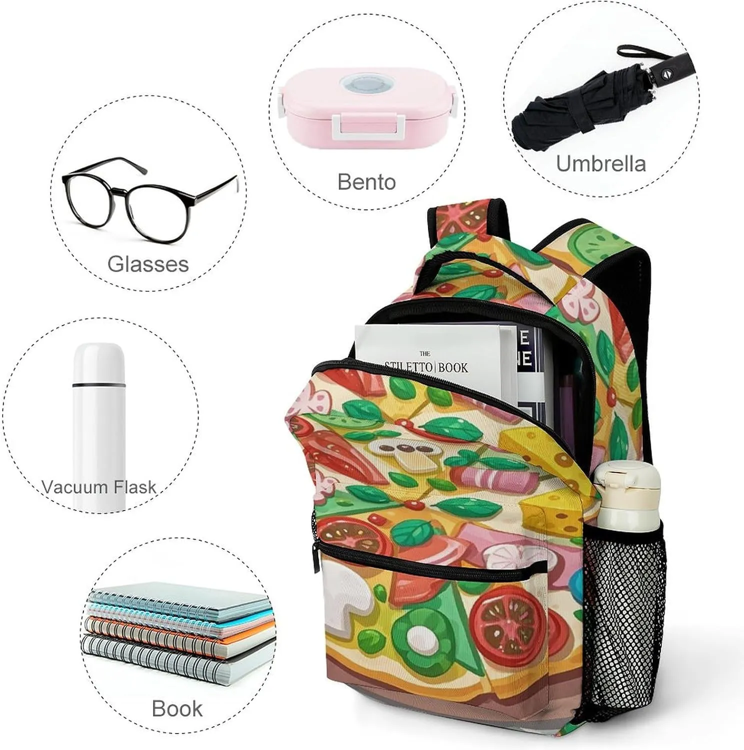 Small Backpacks Personalized Cute Pizza Printing Travel Bag Lightweight Travel Backpack For Women Men