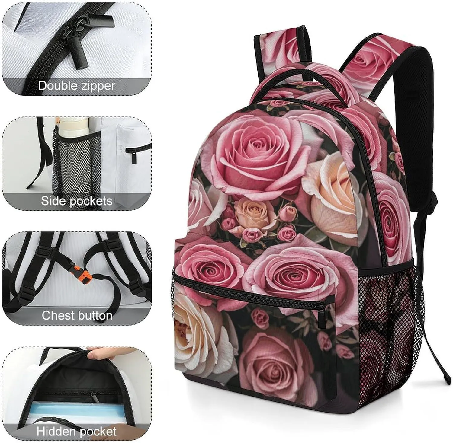 Small Backpacks Personalized Cute Rose Mix Leopard Printing Travel Bag Lightweight Travel Backpack For Women Men