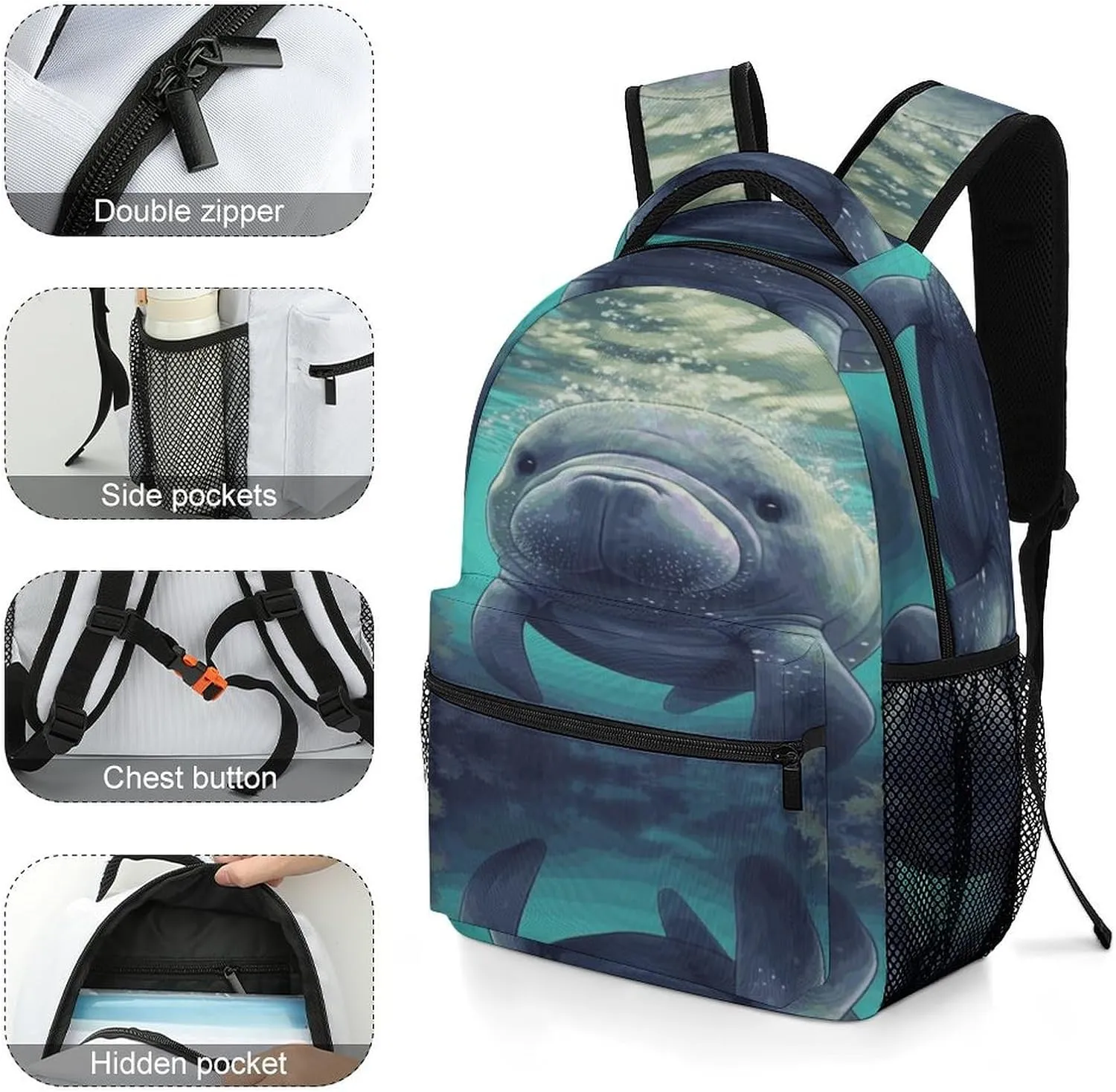 Small Backpacks Personalized Cute Sea Animal Manatee Printing Travel Bag Lightweight Travel Backpack For Women Men