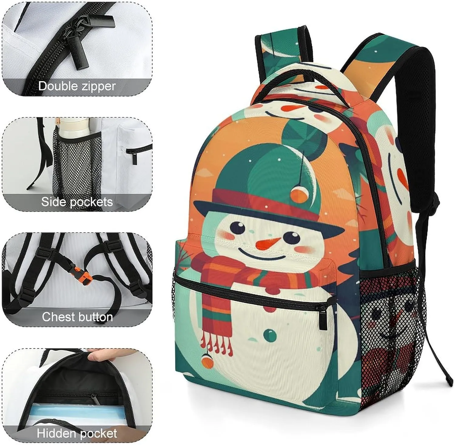 Small Backpacks Personalized Cute Snowman Stickers Printing Travel Bag Lightweight Travel Backpack For Women Men