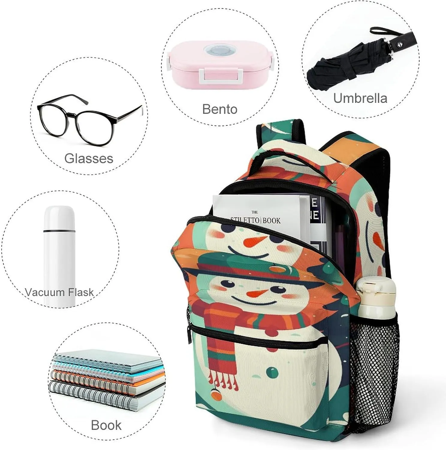 Small Backpacks Personalized Cute Snowman Stickers Printing Travel Bag Lightweight Travel Backpack For Women Men