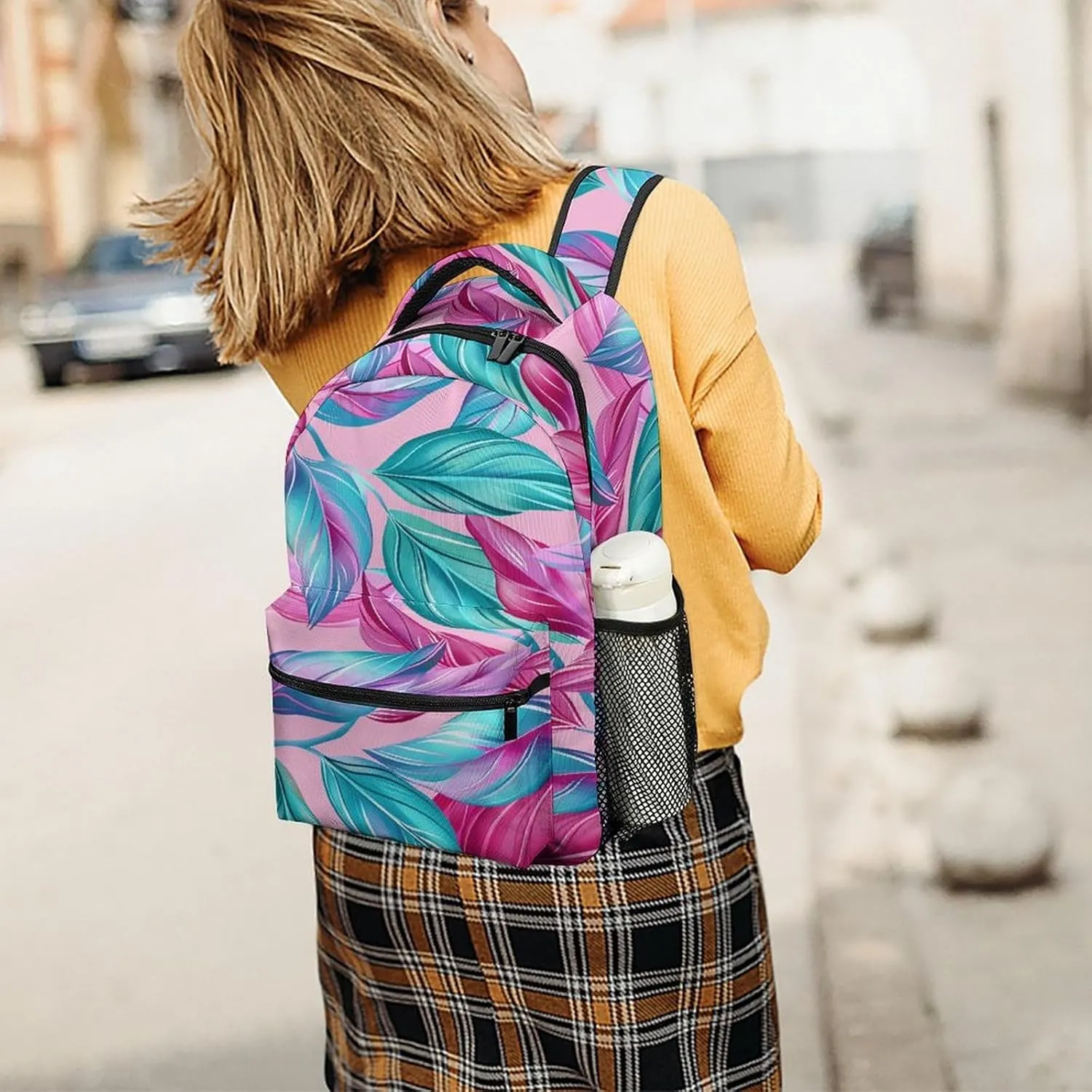 Small Backpacks Personalized Cyan Leaf Pattern Printing Travel Bag Lightweight Travel Backpack For Women Men