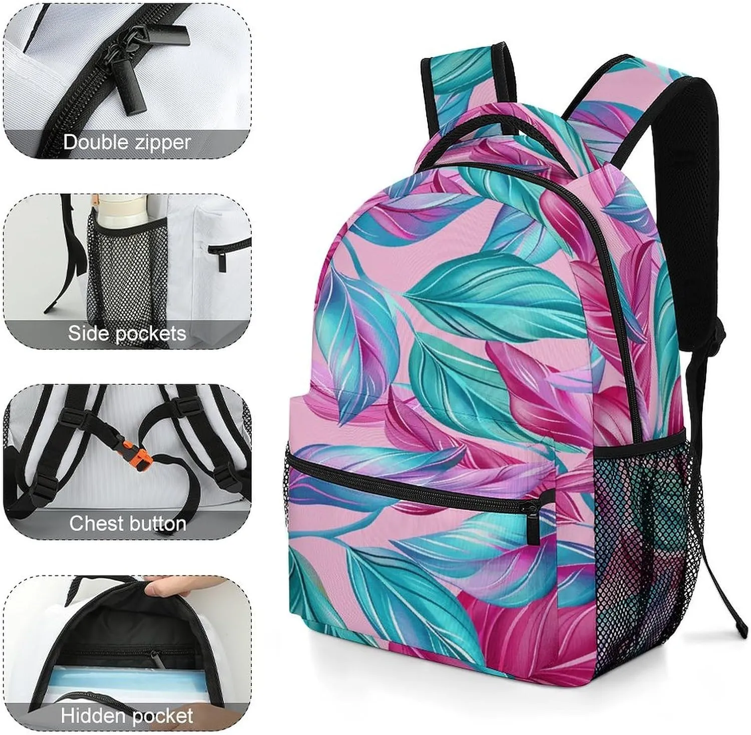Small Backpacks Personalized Cyan Leaf Pattern Printing Travel Bag Lightweight Travel Backpack For Women Men