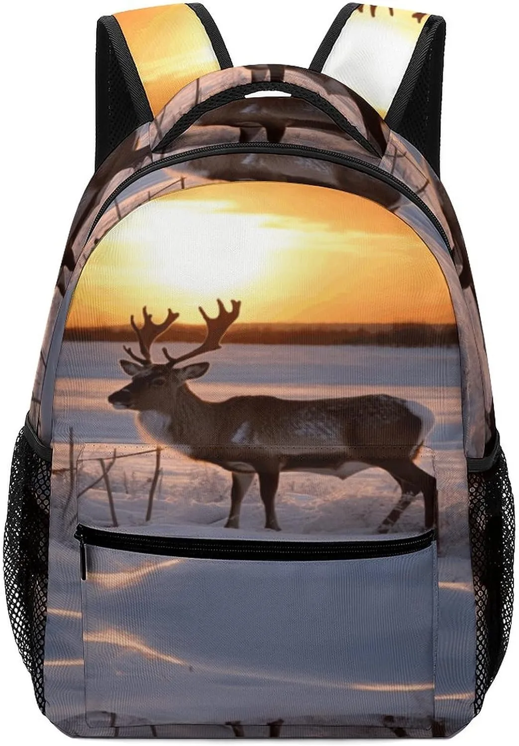 Small Backpacks Personalized Deer on Snowfield in Sunrise Printing Travel Bag Lightweight Travel Backpack For Women Men