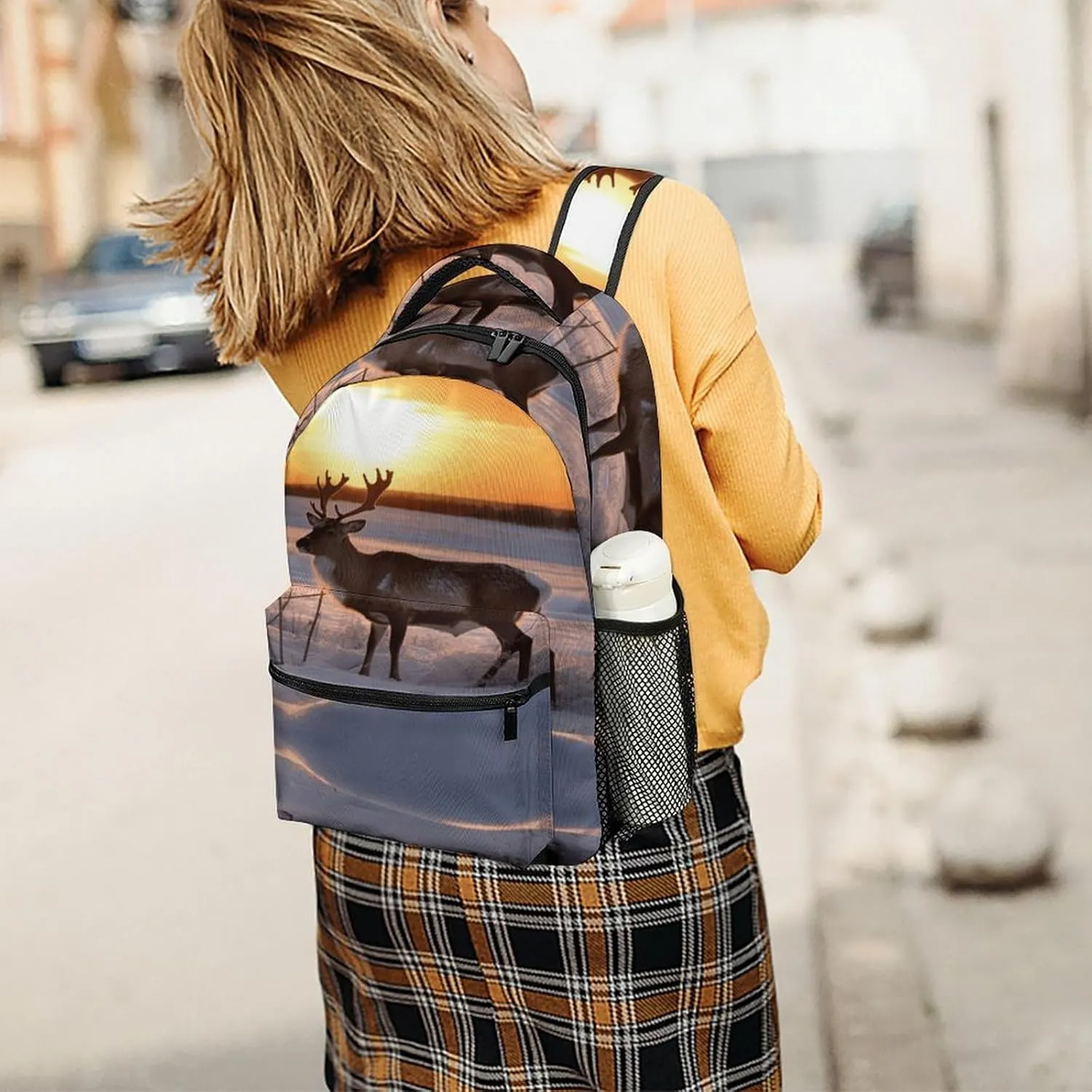 Small Backpacks Personalized Deer on Snowfield in Sunrise Printing Travel Bag Lightweight Travel Backpack For Women Men