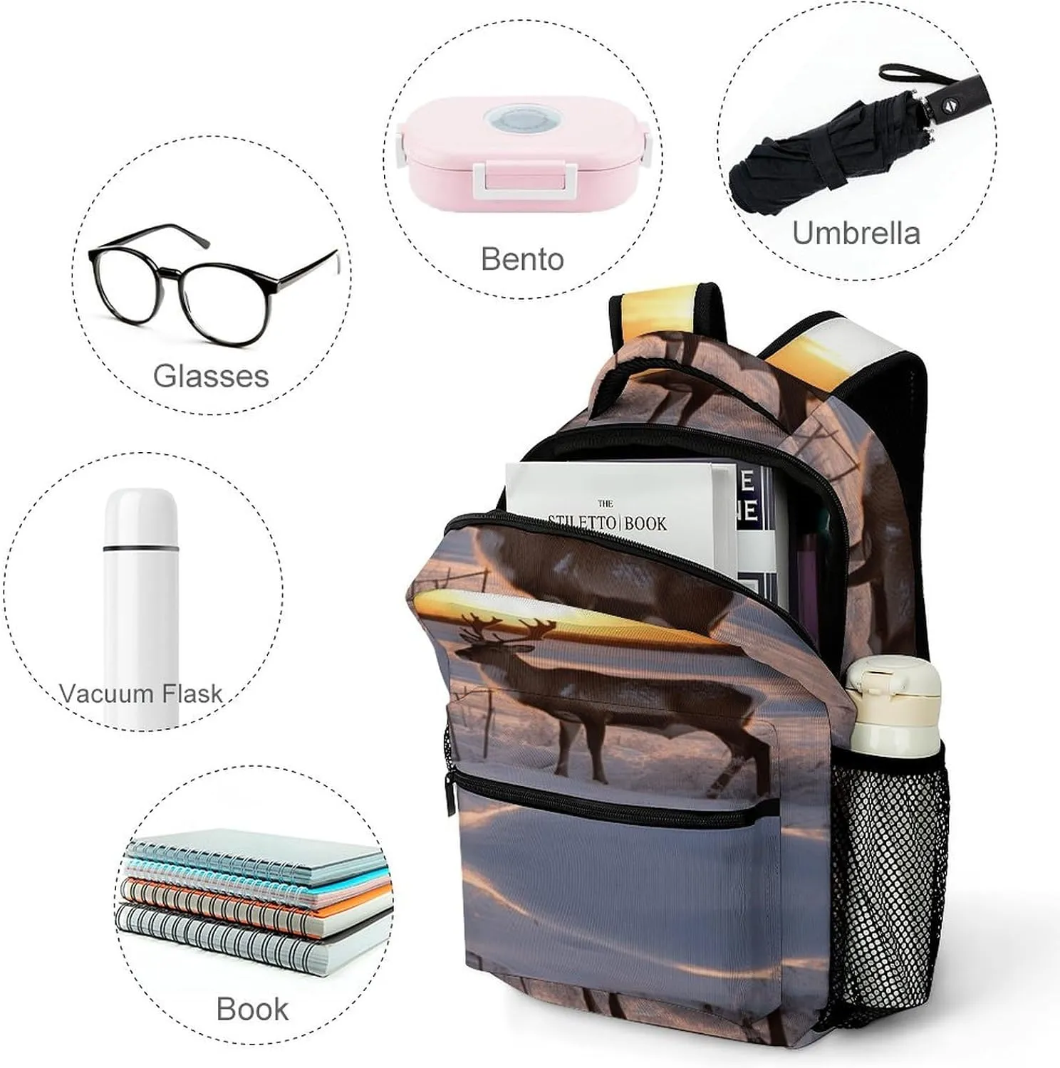Small Backpacks Personalized Deer on Snowfield in Sunrise Printing Travel Bag Lightweight Travel Backpack For Women Men