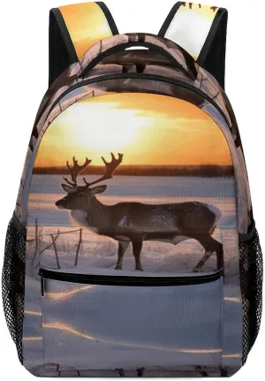 Small Backpacks Personalized Deer on Snowfield in Sunrise Printing Travel Bag Lightweight Travel Backpack For Women Men