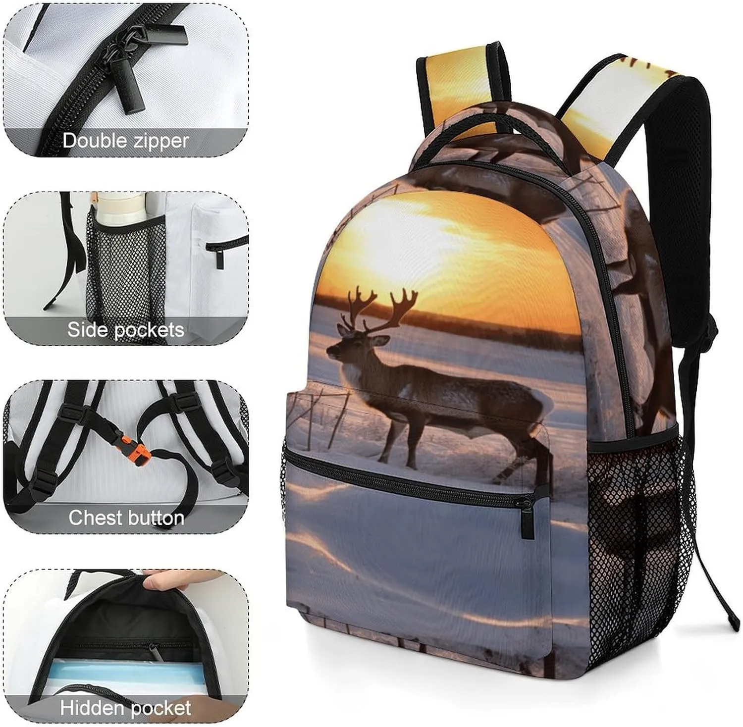 Small Backpacks Personalized Deer on Snowfield in Sunrise Printing Travel Bag Lightweight Travel Backpack For Women Men