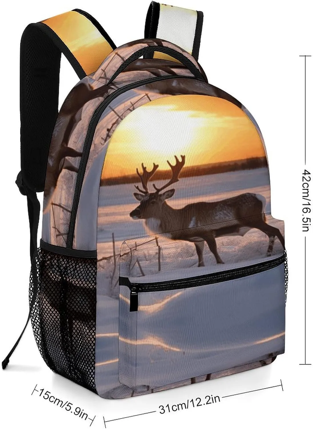 Small Backpacks Personalized Deer on Snowfield in Sunrise Printing Travel Bag Lightweight Travel Backpack For Women Men