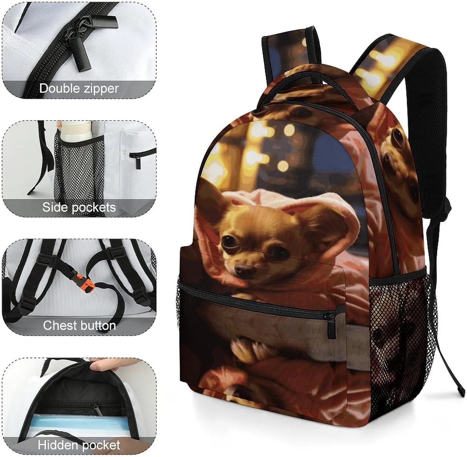 Small Backpacks Personalized Depressed Chihuahua Printing Travel Bag Lightweight Travel Backpack For Women Men